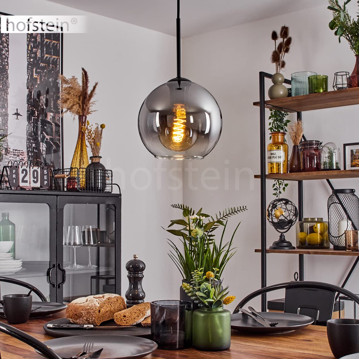 HOFSTEIN Hängeleuchte Koyoto, 1-flammige Hängelampe aus Metall/Glas in Schwarz/Rauchfarben/Klar, moderne Pendelleuchte im Retro/Vintage-Design, Ø 20 cm, E27, Esszimmer, Küche, Wohnzimmer