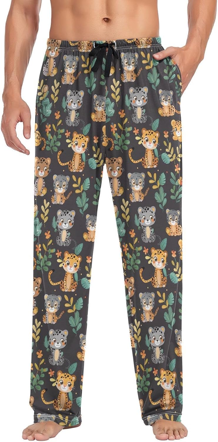 ALAZA Leopard Cartoon Cute Animal Men's Sleepwear Mens Pajama Pants Bottoms with Pockets, S