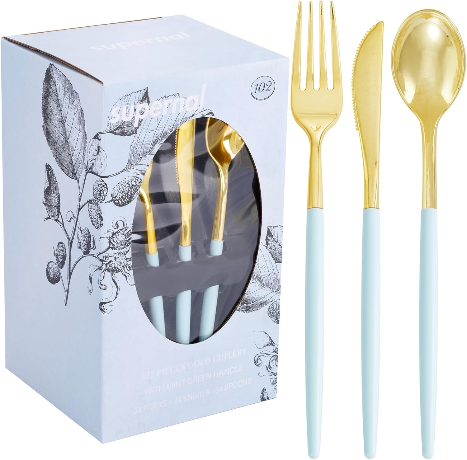 Supernal 102Pcs Mint Green Plastic Silverware,Gold Cutlery with Mint Green Handle,Gold Plastic Silverware Heavy Duty Include 34 Forks,34 Spoons and 34 Knives Prefect for Party,Wedding & Mother's Day