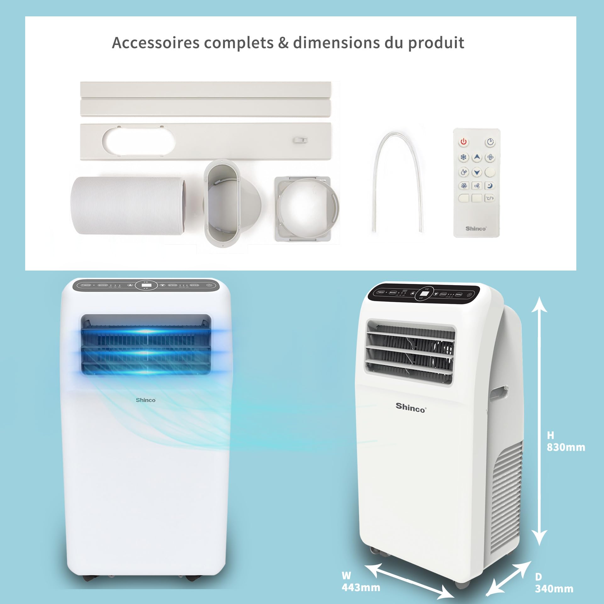 SHINCO 12000BTU Climatiseur Mobile, 3,5 Kw, Fonction 3-en-1 avec Tuyau D'échappement，Refroidissement et Déshumidificateur et Ventilation, Eco R290