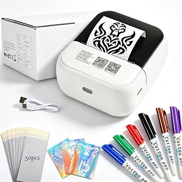 طابعة استنسل الوشم الصغيرة Bowitzki،طابعة الوشم بلوتوث مع 50 قطعة من ورق النقل،طابعات آلات الوشم المحمولة لفناني الوشم والمبتدئين