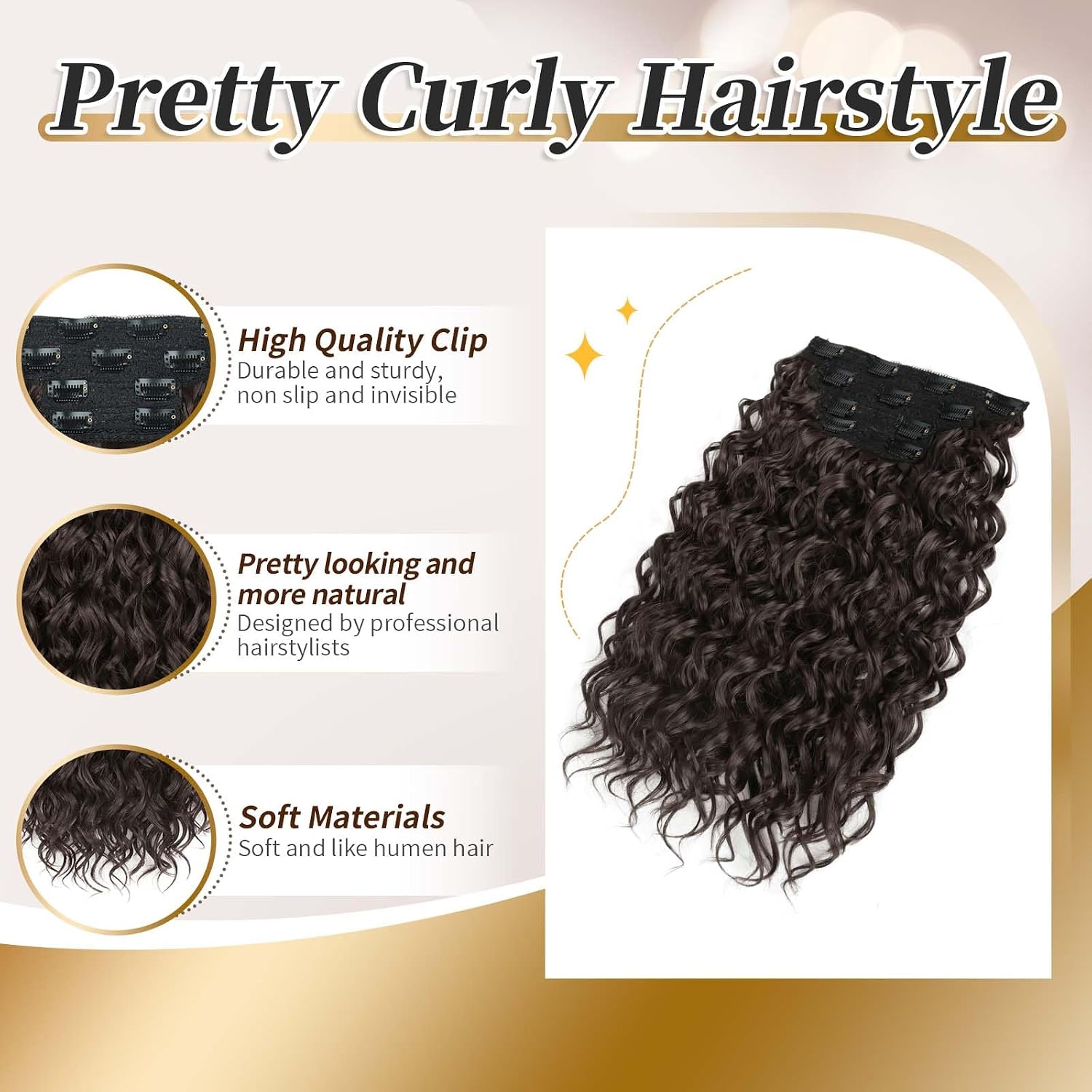 Clip in Hair Extensions 4 PCS, 16 Inch Short Wavy Curly Clip on Hair Extension, Thick Natural & Soft Synthetic Hairpieces for Women (Chocolate Brown)