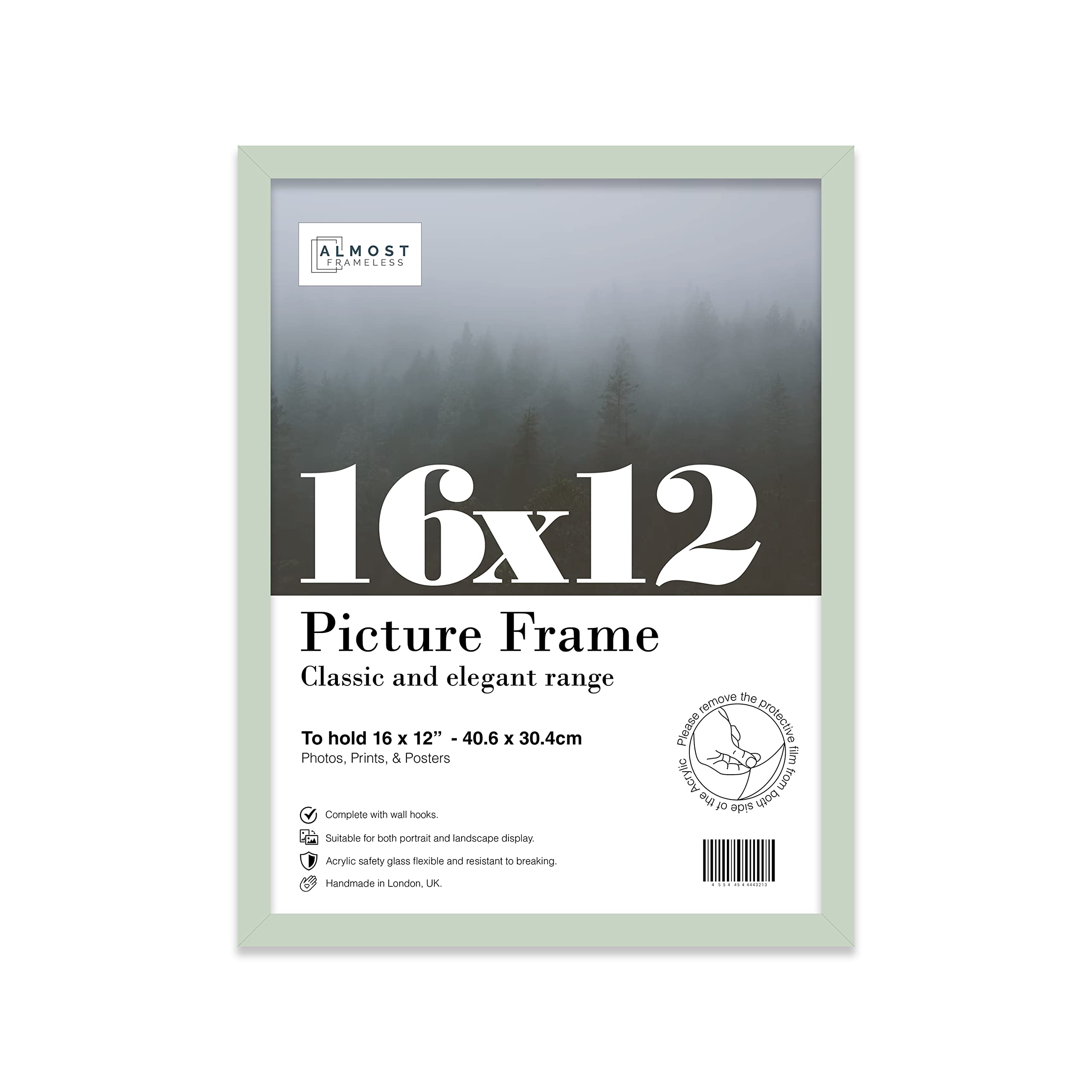 Almost Frameless 16x12 Mint Green Picture Frame 16"x12"(40.6x30.5cm) Poster, Photo, Artwork, or Print. Thin Edge Slim Frame Portrait and Landscape Display with Wall Hooks