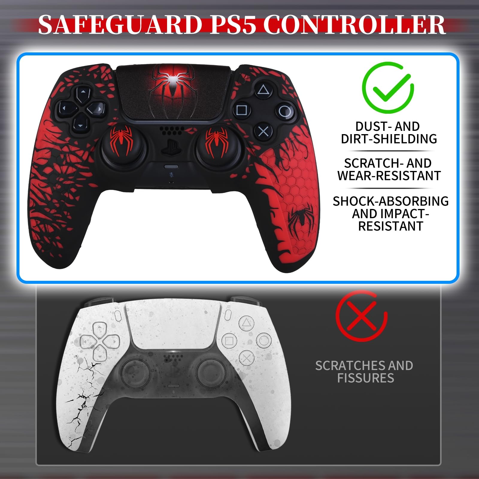 Cover in silicone antiscivolo per controller PS5 con tappi per levette * 2 & adesivo * 1 tema ragno