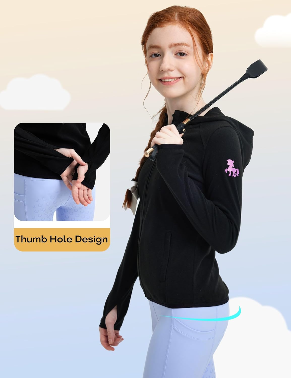 FitsT4 Sports Girls Fleece Horse Riding Jackets Hoodie Kids Equestrian Shirts Full Zip Up Long Sleeve Thumbholes for Winter - Image 6
