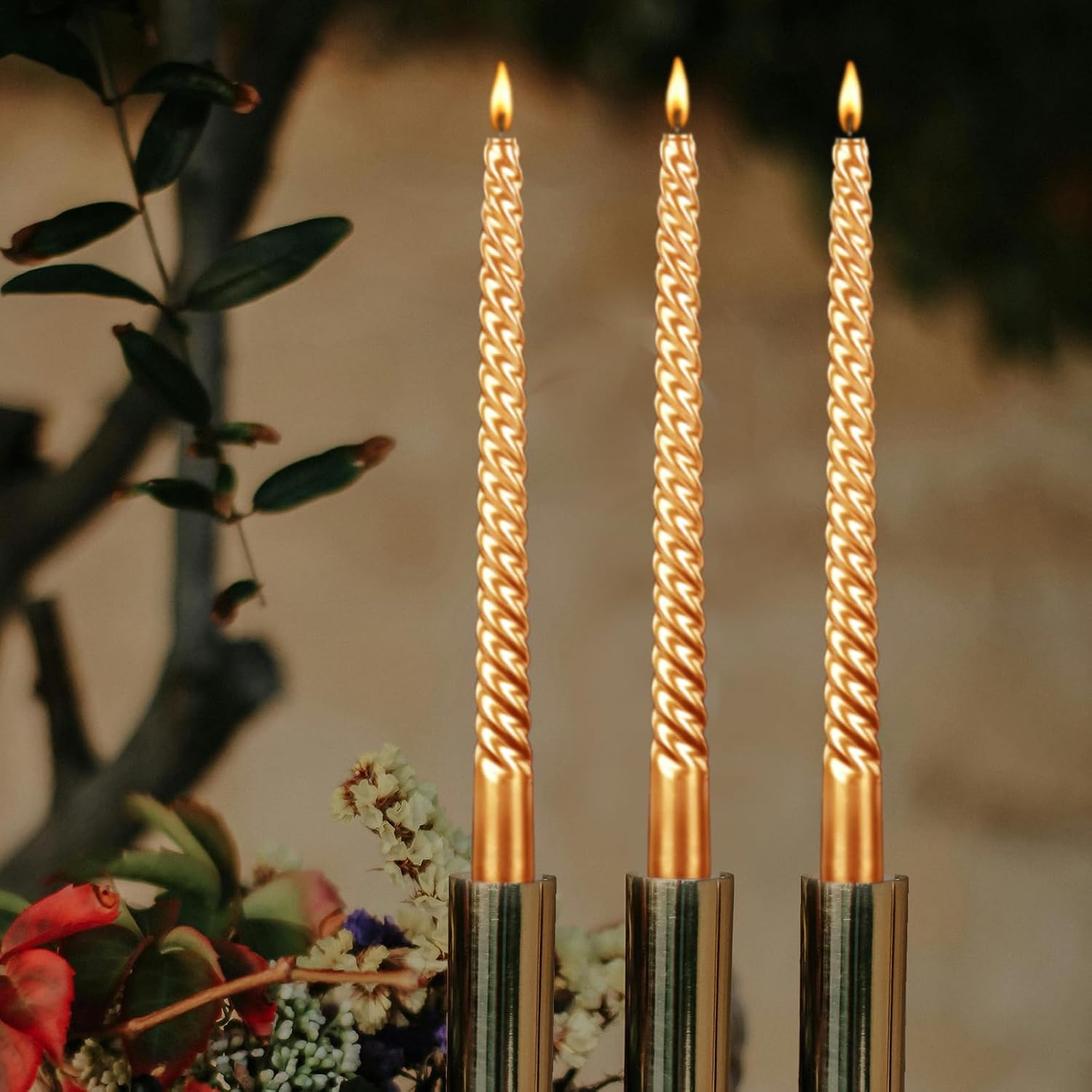 10 Inch Taper Spiral Candle Set of 4 - Tapered, Long, Smokeless, 8 Hr Burn Time - Golden, 25cm - Perfect for Home, Dinner, Party, Wedding, Halloween, Christmas