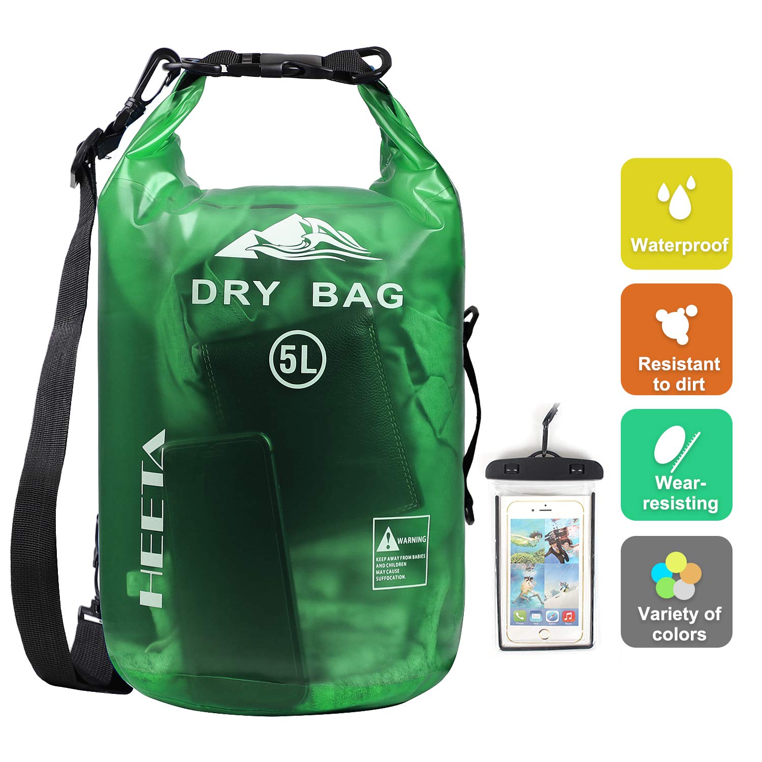 HEETAWaterproof Dry Bag for Women Men, Roll Top Lightweight Dry Storage Bag Backpack with Phone Case for Travel, Swimming, Boating, Kayaking, Camping and Beach, Transparent Green 5L