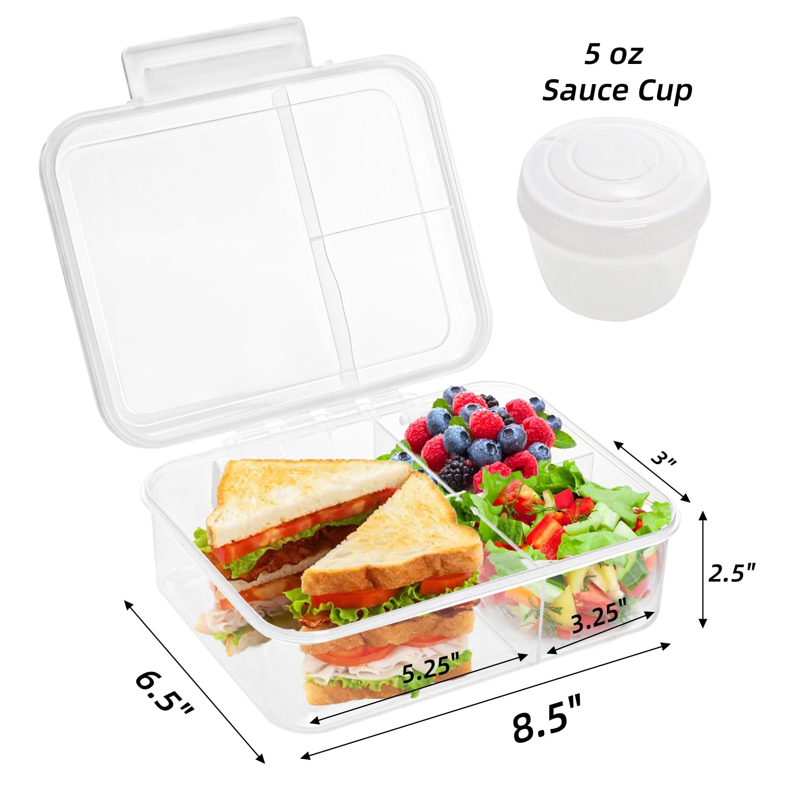 Eorbow 2 Pack Bento Box with Handle, 56Oz Leak-proof Lunch Container for Kids, 3 Compartments Salad Dressing Box with Sauce Cup, Meal Prep Container with 2 Removable Tray, Microwave&Dishwasher Safe