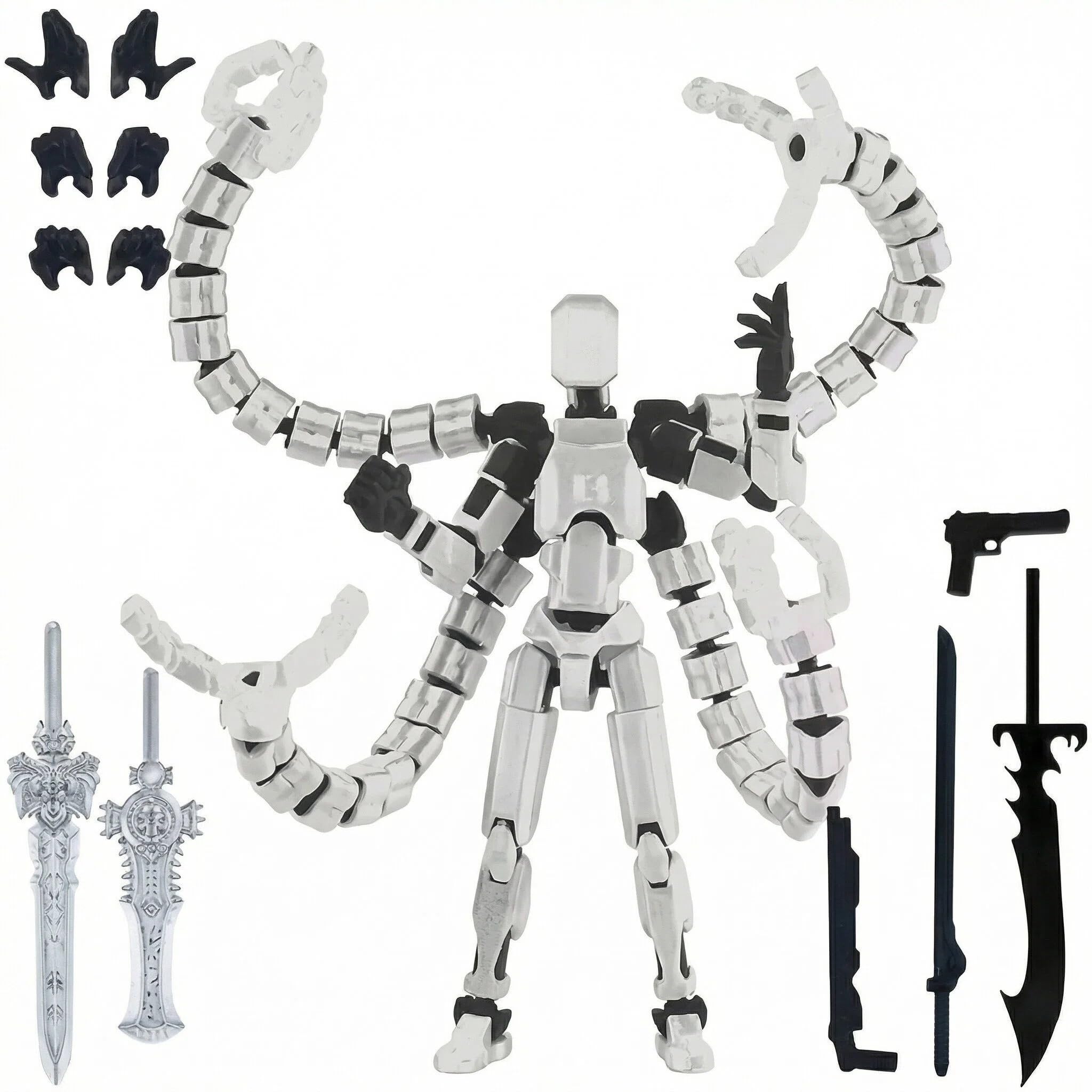 T13 Action Figure, 3D Printed Dummy 13 with Multiple Movable Joints, Fully Assembled Action Figures with Interchangeable Accessories for Display and Play (Black/White & Silver/Black) (Black White)