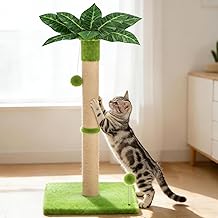 XiaZ Cat Scratching Post 34'' Tall, Durable Cat Scratch Tree Tower for Indoor Kitty with Extra Wide 15.8" Stable Base & 2 Toy Balls, Natural Sisal & Plush Fabric for Small, Medium Cats (Green, 2.8in)