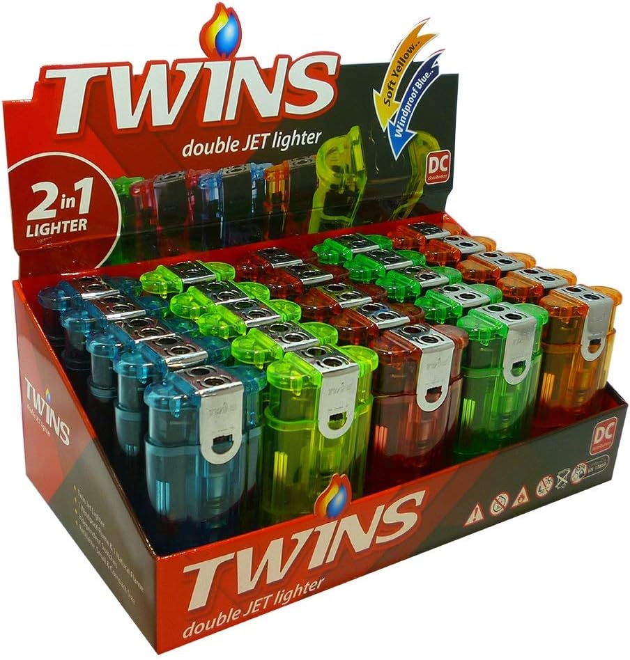 ✅ 25 x DUO DOUBLE FLAME (1 Display Box) Windproof Lighters ✅Refillable lighters, jet flame lighter.Turbo Blue jet Lighters, windproof Cigarette Lighter. Flameless Outdoor