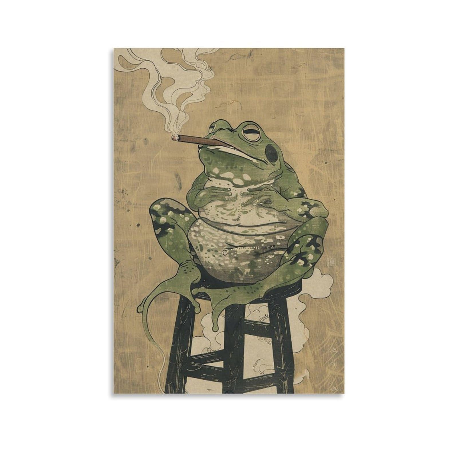 HUERYRYHY Smoking Frog 04 Poster Wall Art Canvas Vintage Aesthetic Painting Decor for Rooms 24x36inch Unframe-style