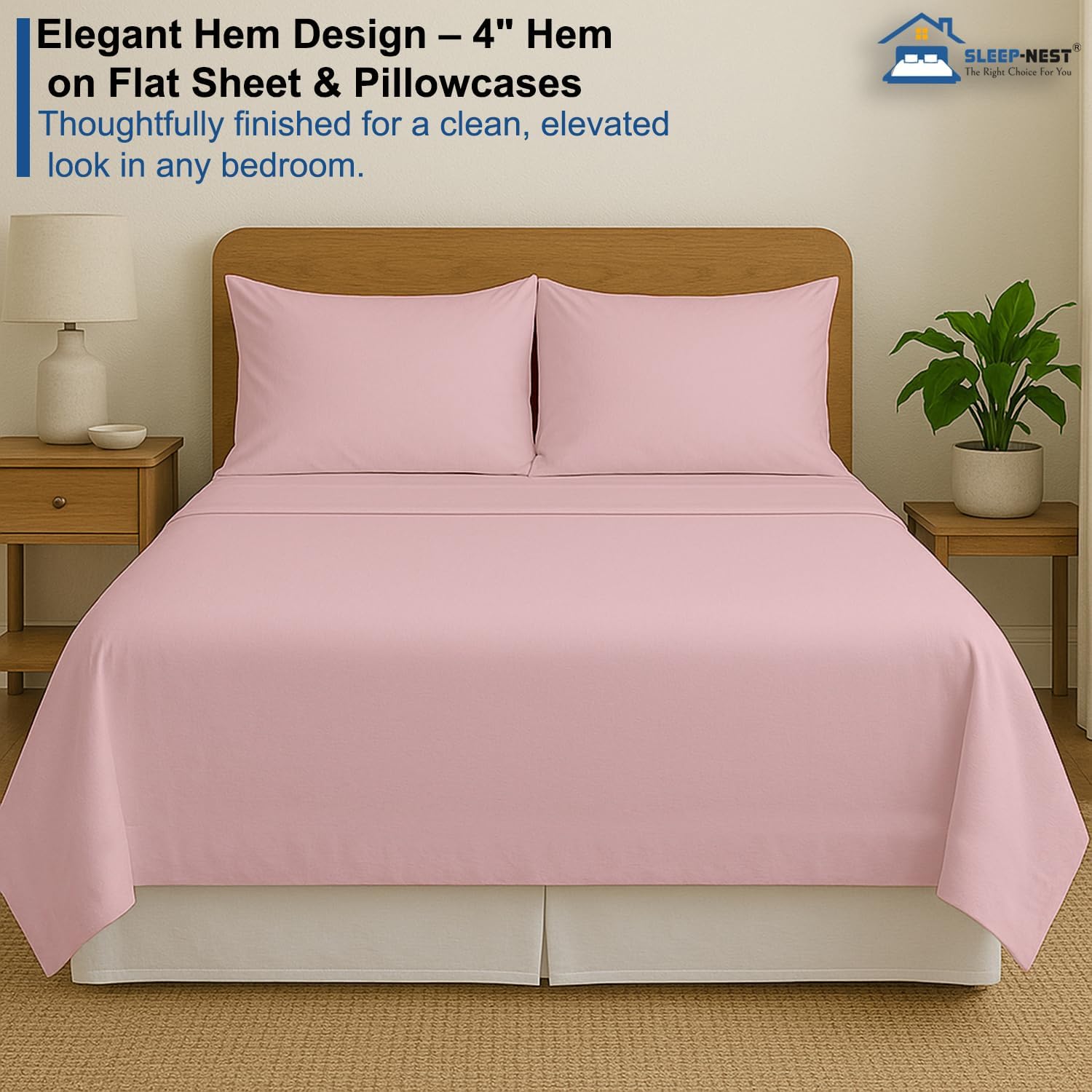 SLEEP-NEST 4 Piece Sheet Set California Queen - 600 TC Premium Breathable 100% Cotton - Elastic All Around - Fits Mattress Upto 16 Inch, Deep Pocket, Extra Soft, Fit Easy, Baby Pink