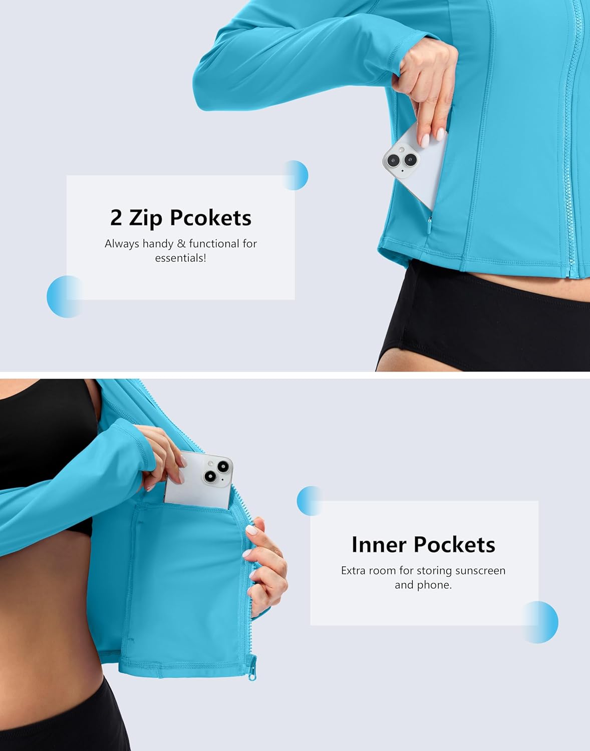 SANTINY Cropped Rash Guard Women Swimsuits with Zipper Pockets UPF50+ Sun Protection Long Sleeve Swim Shirt Crop Tops - Image 6