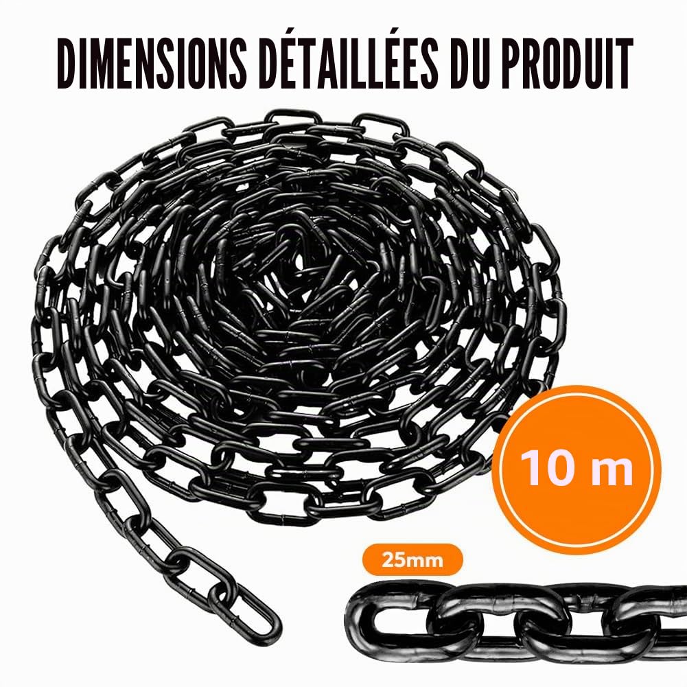 Chaîne en acier au carbone de 10 m de long, chaîne en acier de 3 mm d'épaisseur, chaîne noire, chaîne en acier galvanisé, chaîne à maillons en métal pour chaîne de chien, chaîne de lampe, chaîne à
