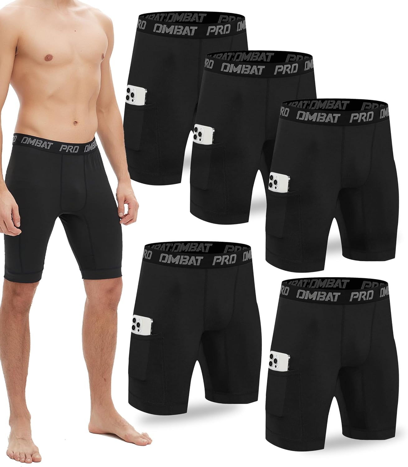 5 Pack Compression Shorts Men with Pocket Spandex Athletic Baselayer Shorts Quick Dry Compression Sports Underwear