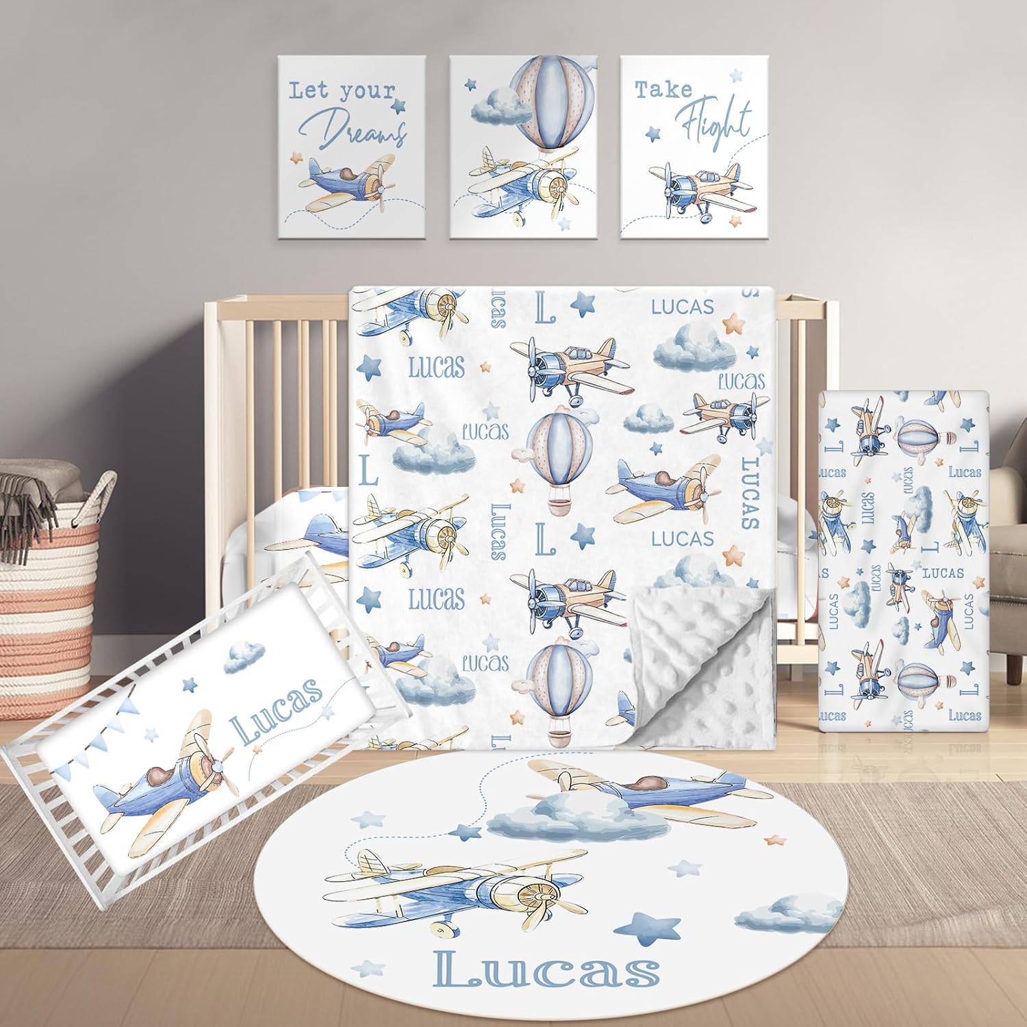 Personalized Baby Bedding Set, 5 Pcs Custom Name Bedding for Girls & Boys - Soft Toddler Crib Sets for Infant Customized Gifts, Blue Plane