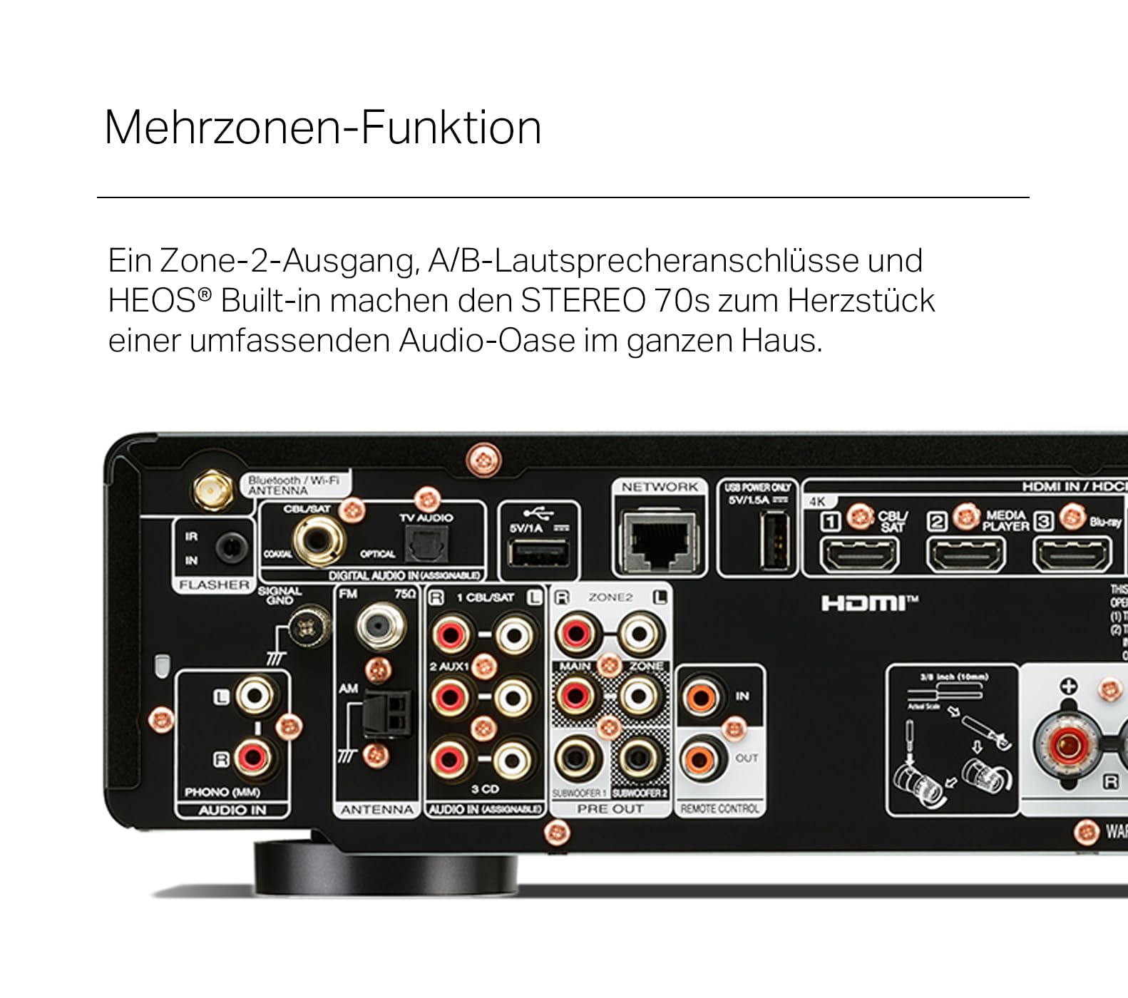 Marantz Stereo 70s Verstärker HiFi Stereo, 2.2-Kanal HiFi Verstärker, 75 W/Kanal, 6 HDMI Eingänge, 8K, HEOS, Bluetooth, WLAN, AirPlay 2, Dolby TrueHD, Alexa kompatibel, Schwarz