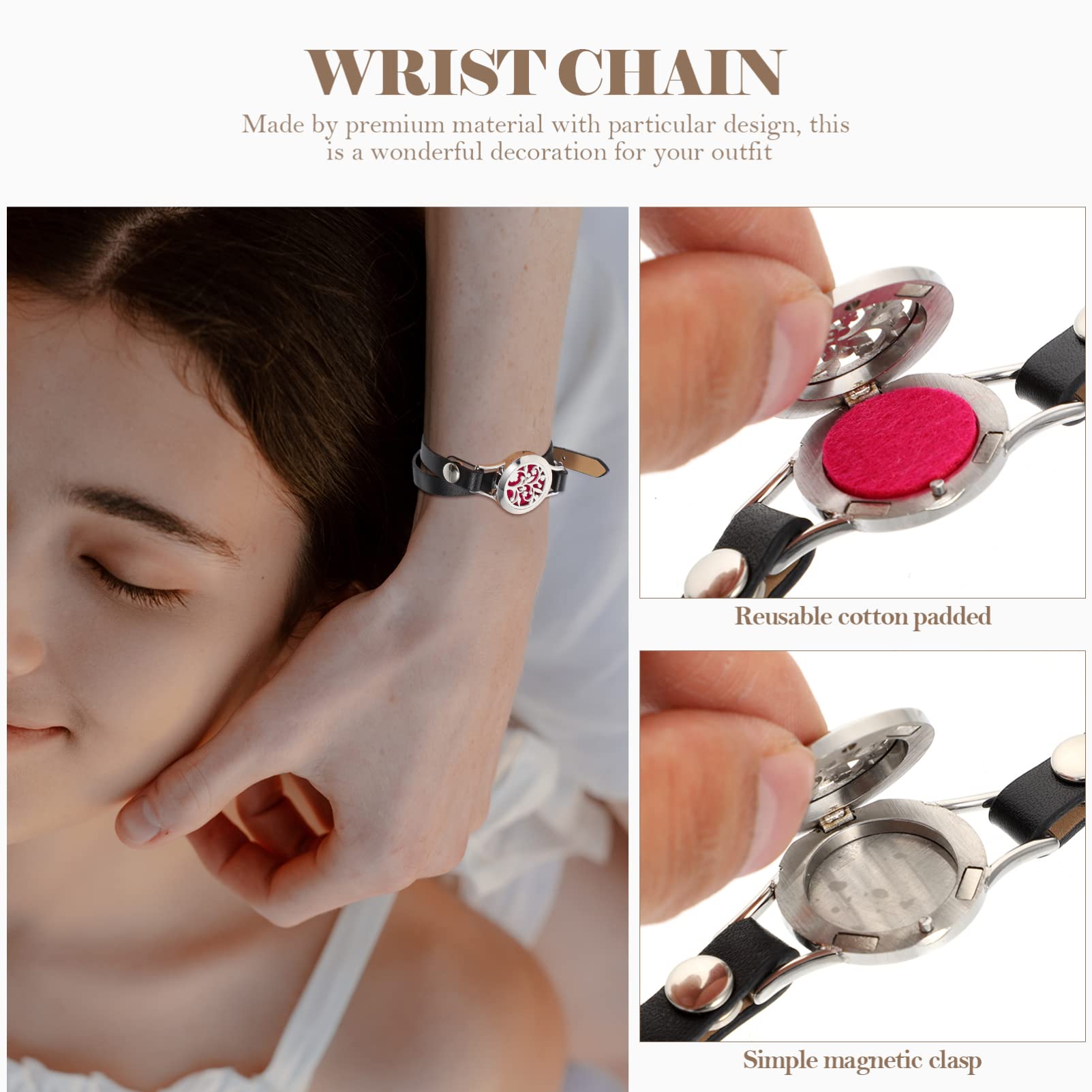 Bracciale Diffusore Traforato in Acciaio Inox Cinturino in Pelle Nera, Braccialetto Profumato Aromatico Femminile Per Oli Essenziali, Elegante Accessorio Regalo Per Occasioni Speciali