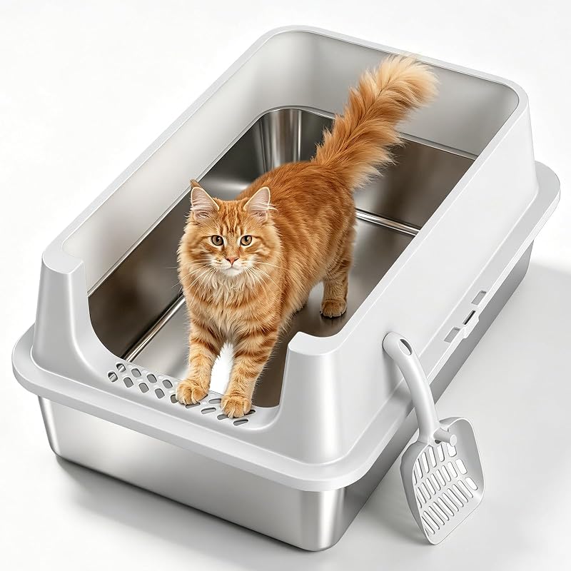 Caixa de Areia para Gatos XL Autolimpante em Aço Inoxidável com Laterais Altas Tevila Cinza