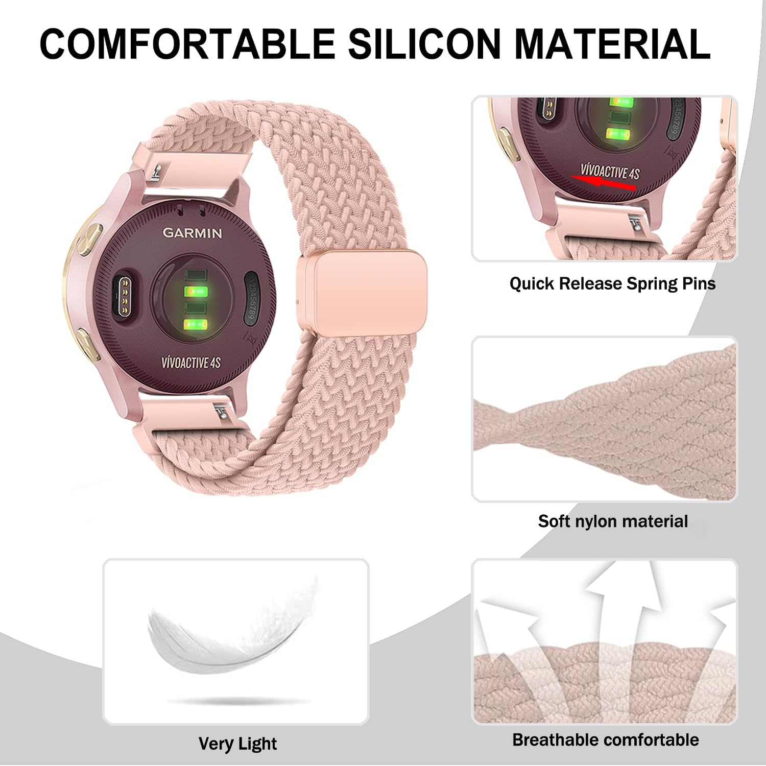 VELULYX Nylon Braided band Compatible with Garmin Venu 2S/Venu 3S/Vivomove 3S/Vivoactive 4S, 18MM Elastic Magnetic Buckle Band for Fossil Ladies Gen 6/Gen 5E/Fossil Ladies Q Venture HR Gen 4/Gen 3 - Image 2