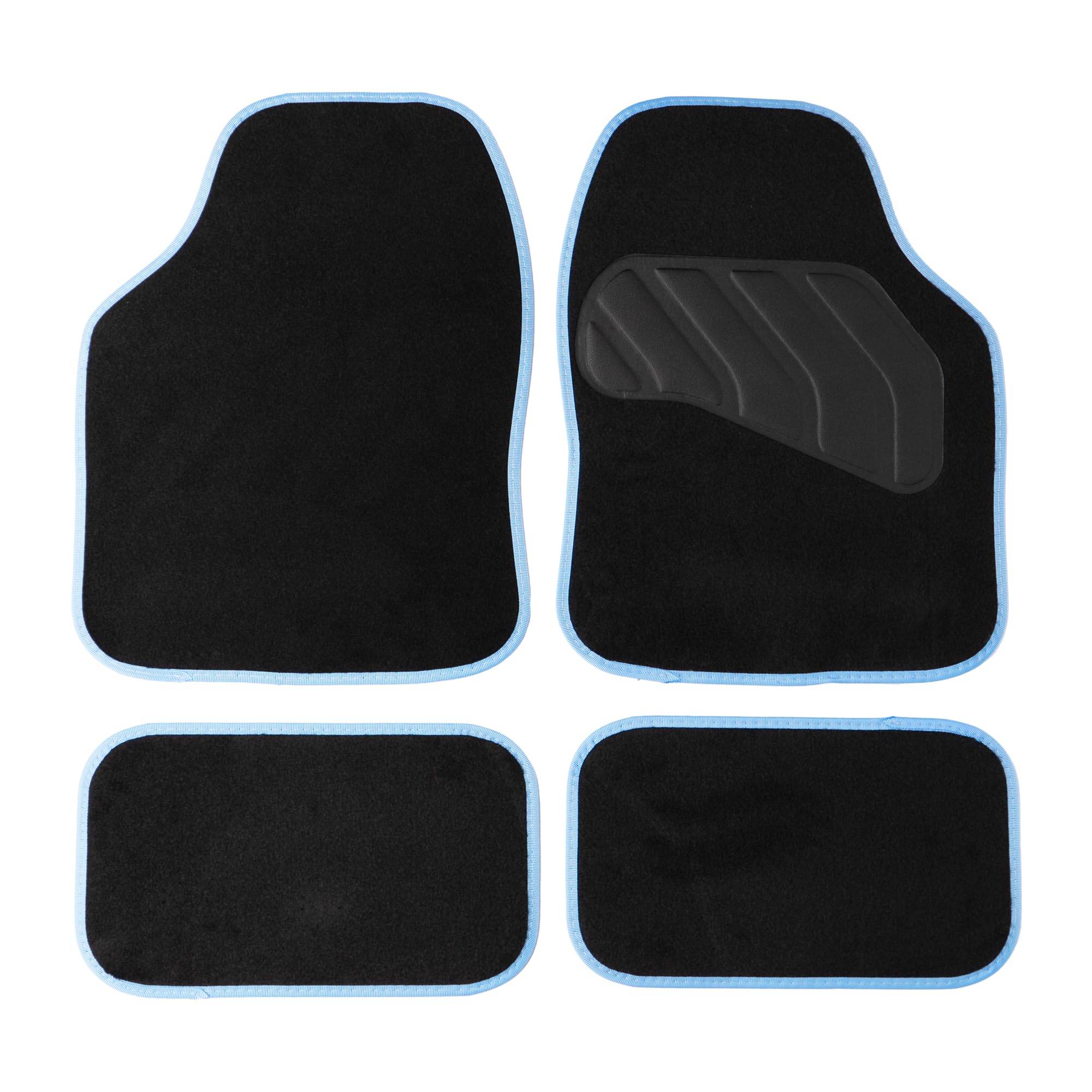 Sakura Floor Mats For Cars SS5465 - 'Pastel' Black Carpet With Light Blue Trim - Full Set Of 4 Universal Fit - Hard-Wearing Pile, Anti-Slip Backing, Heelpad, UK Made.