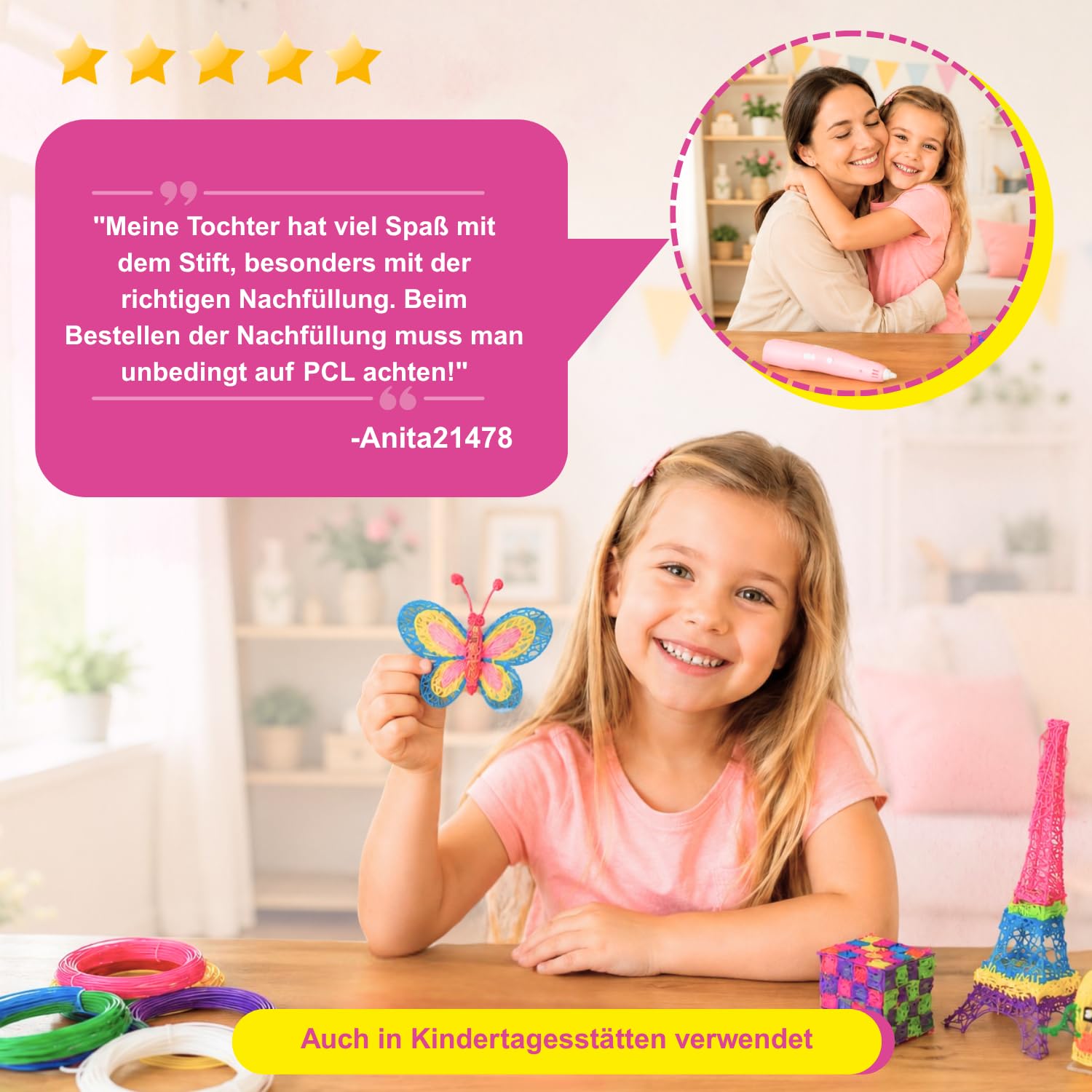 3D Stifte für Kinder ab 6 Jahre – Drahtloser 3D Stift mit 60m PCL Filament, USB-C, Niedrige Temperatur, Vorlagen & XL Koffer – 3D Pen Starterset für Mädchen und Jungen (Rosa)