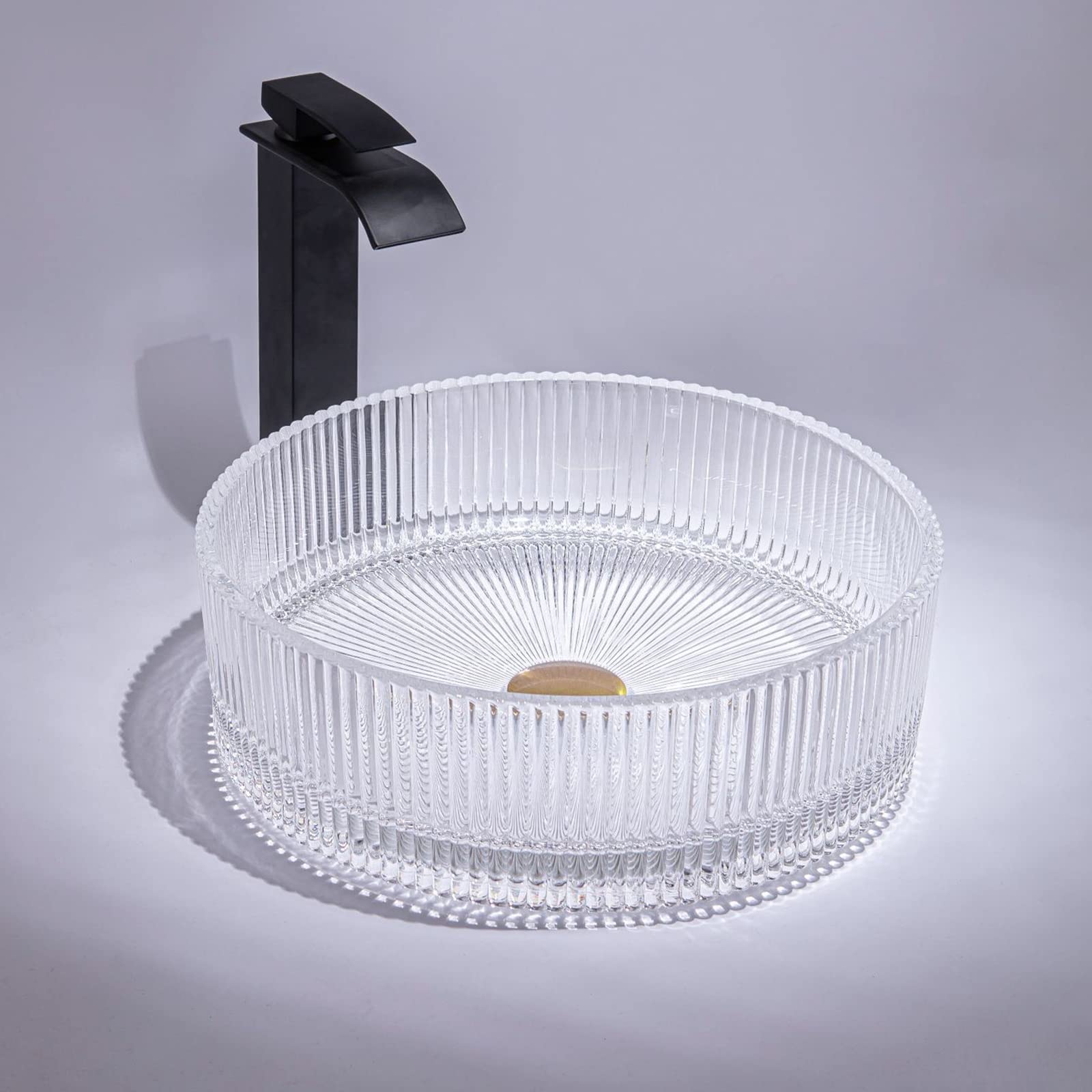 ASerZenith 16" Bathroom Vessel Sink,Transparent Glass Bathroom Round Vessel Sink,Countertop Basin Bowl Combo With Waterfall Mixer Faucet And Pop-Up Drain,B