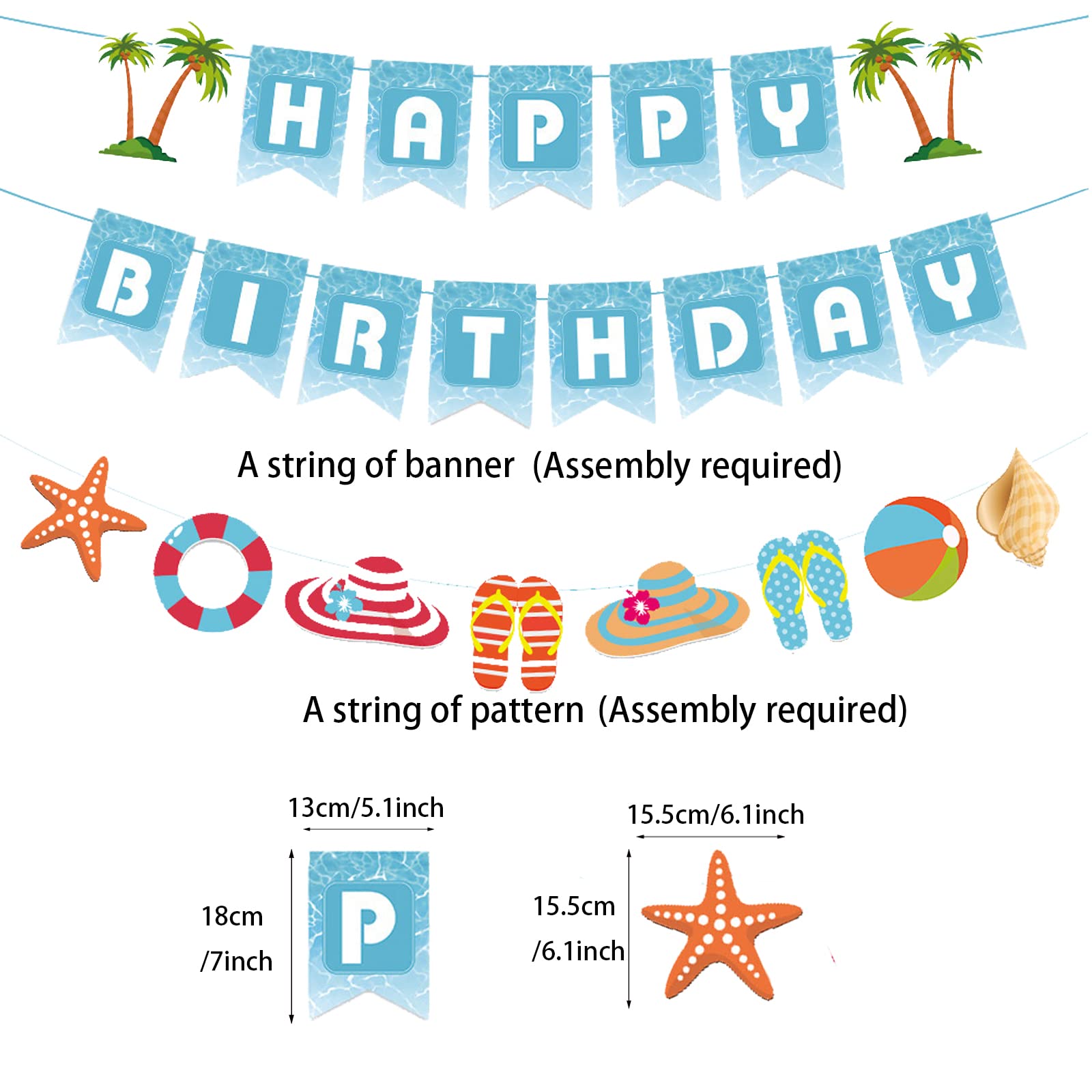 Zwiebeco Seaside Happy Birthday Party Decoration Blue White Sign Starfish Conch Hanging Paper Banner for Kids Adults Tropical Hawaiian Beach Pool Summer Accessories Supplies