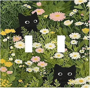 Decorative Switch Covers Plate Funny Cute Black Cat Colorful Flower Green Plant 2 Gang Wall Plate Oversized Double Toggle Light Switch Plate Wall Cover Plate Faceplate for Home Decor