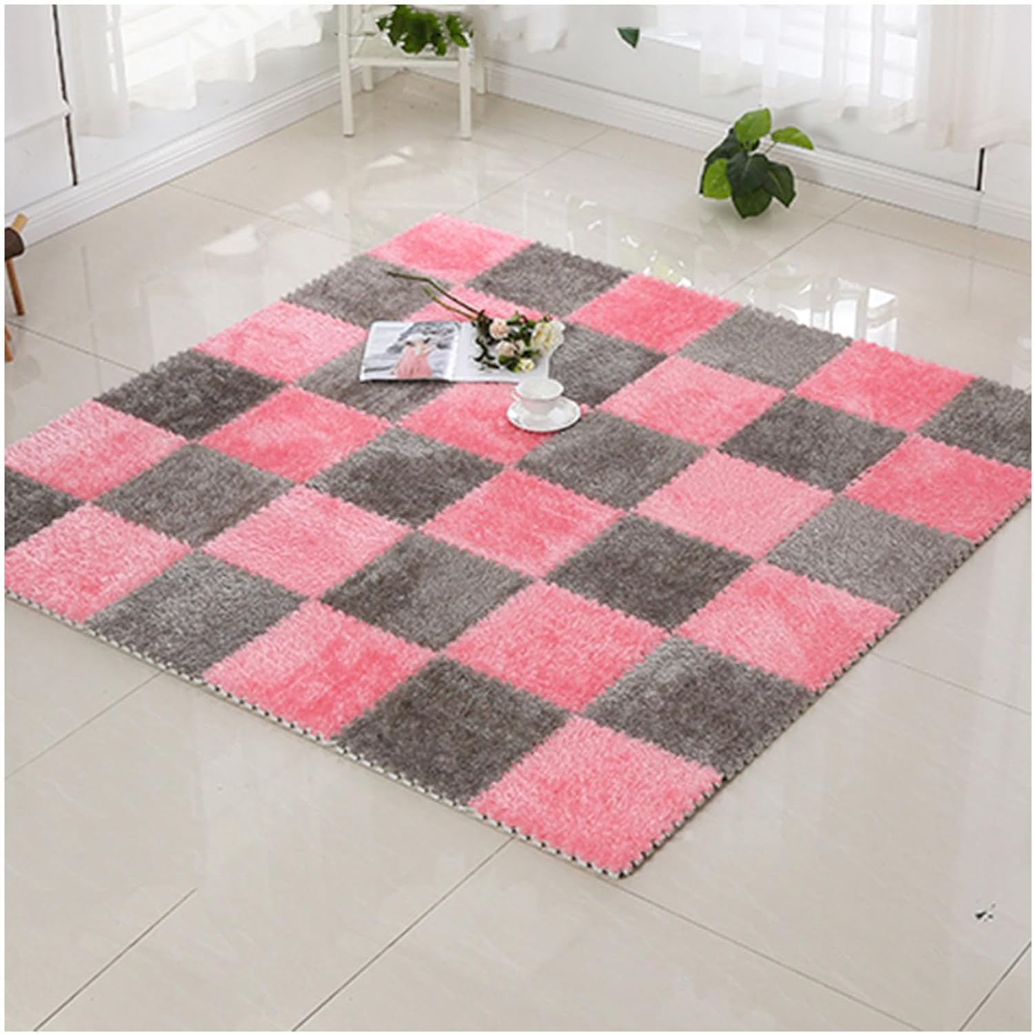 12pcs 30cm Thick Foam Puzzle Play Mat - Interlocking Plush Area Rugs & Carpet Squares for Kids' Playroom, Soft Floor Tiles in Pink & Gray, Perfect for Home Decor