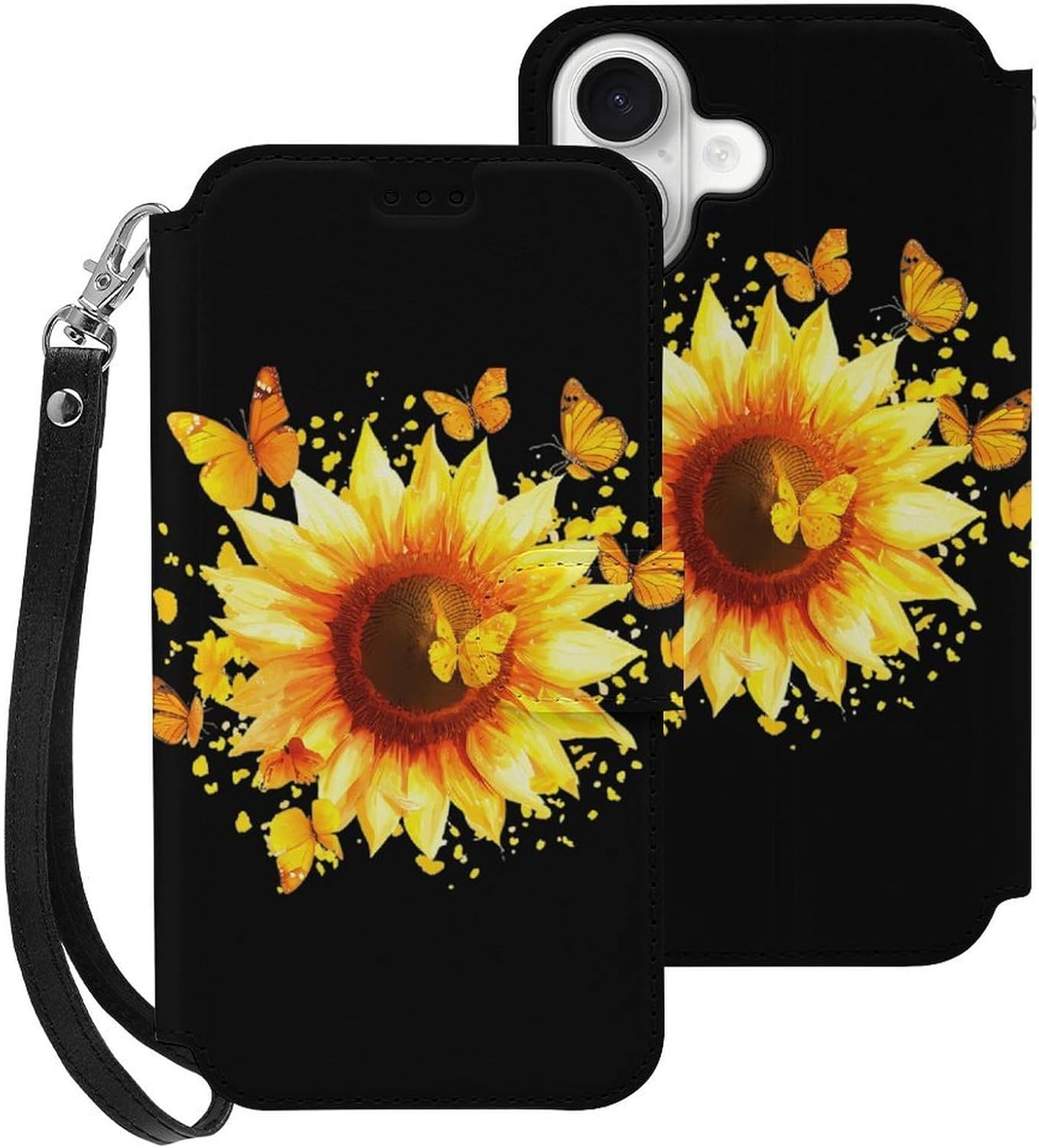 Sunflower with Yellow Butterflies Compatible with iPhone 16/16 Plus/16 Pro/16 Pro Max/16 E Case Phone Wallet Card Holder Flip Cover with Wrist Strap