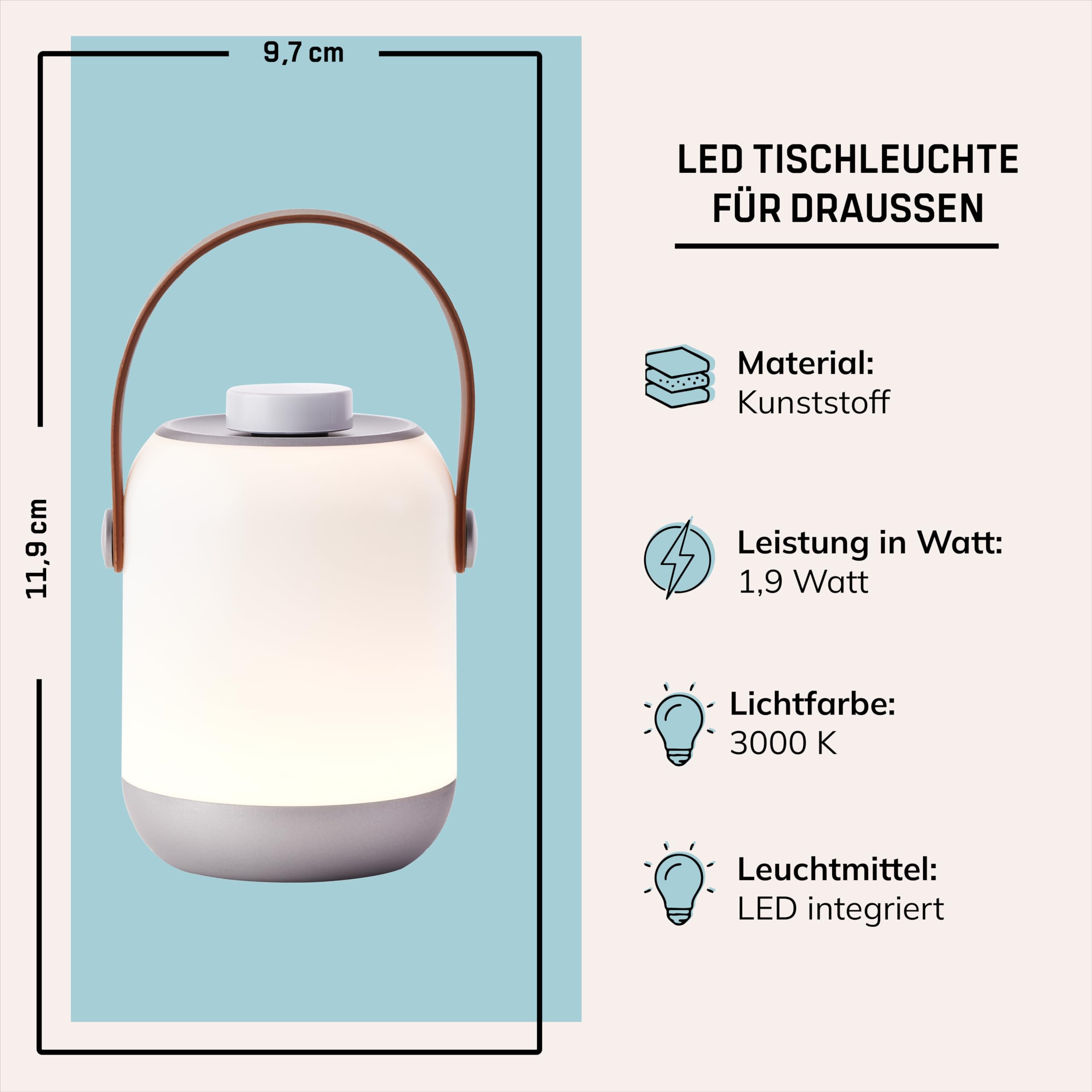 Lightbox LED Tischlampe Outdoor - Akku Tischlampe kabellos & dimmbar - IP44 Gartenlampe, Camping Tischlampe - warmweiß 200 lm - 90h Leuchtdauer USB aufladbar