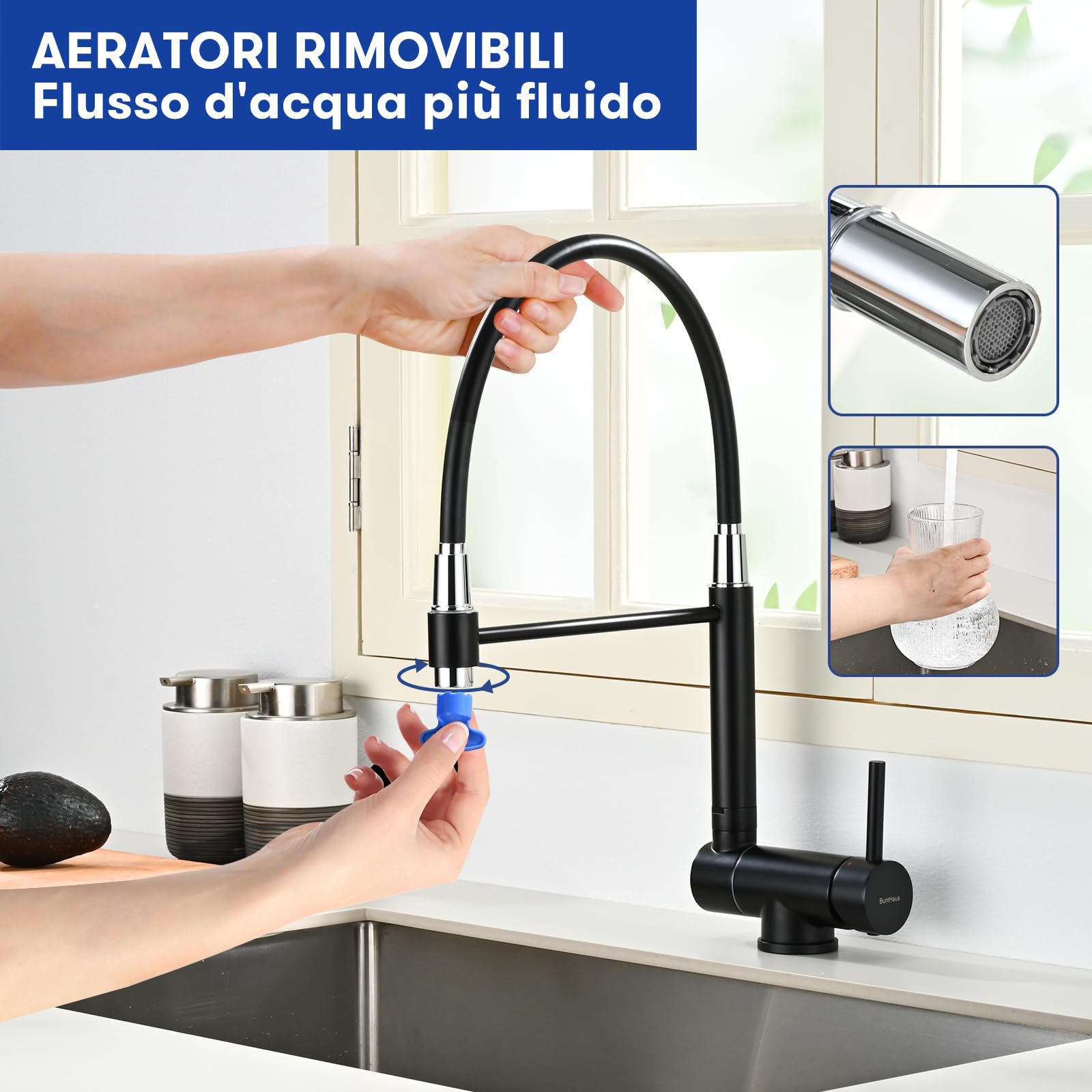 Rubinetto da Cucina Pieghevole, Miscelatore da Cucina Sottofinestra Pieghevole, Miscelatore per Lavello da Cucina Girevole a 360° in Acciaio Inox 304 (Nero Opaco)
