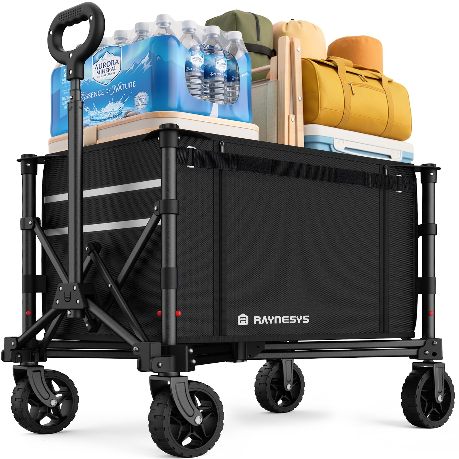 raynesys 3 in 1 collapsible wagon converts to bench, 220lbs foldable wagon cart with wheels, 120l shopping cart for groceries folding utility wagon for beach, garden, camping, sport, black