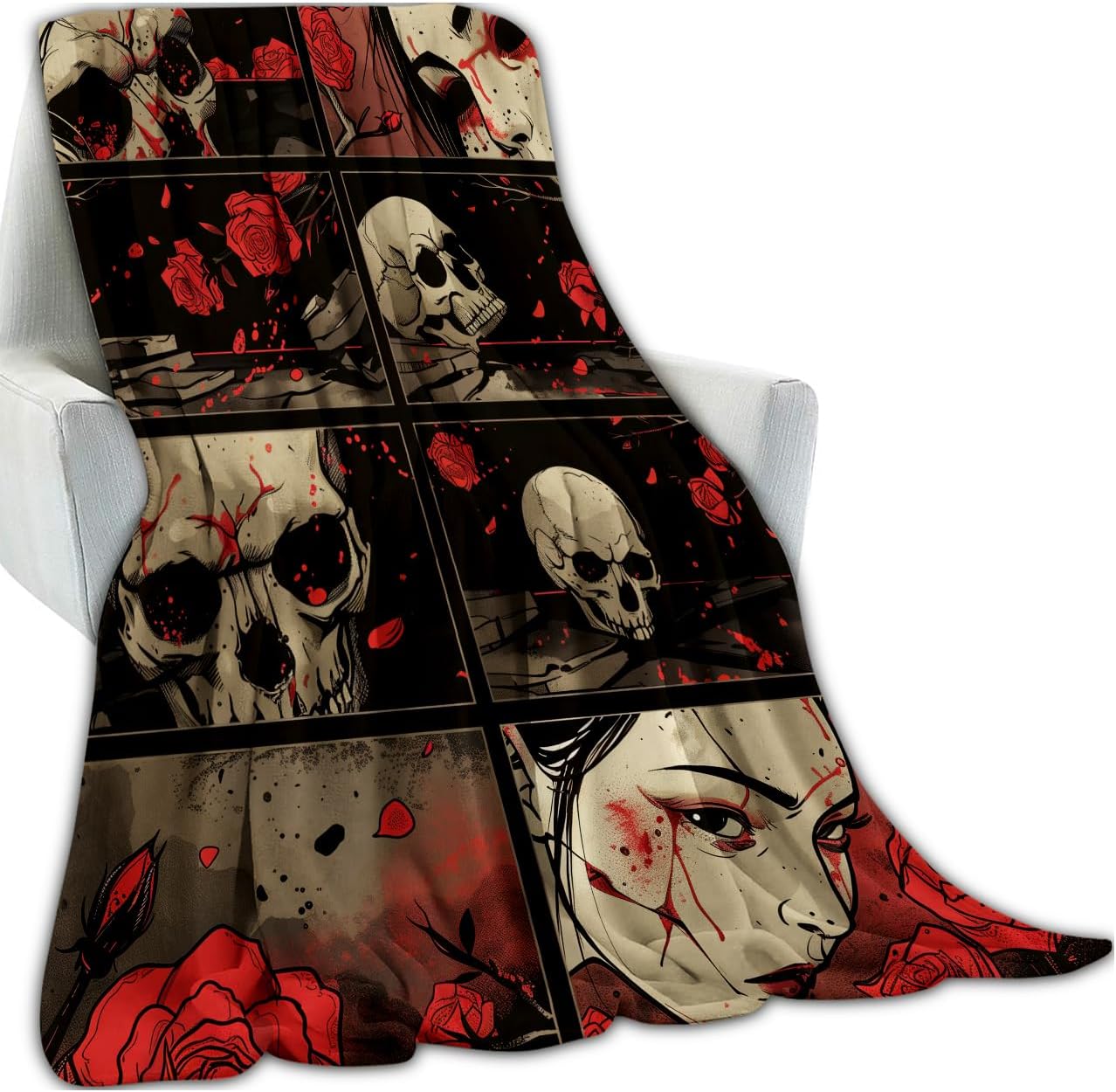 Red Rose Skull Throw Blanket, Dark Blood Face Comic Illustration Blankets for Bedroom Living Room Couch Decor, Fuzzy Cozy Soft Lightweight Throws, Birthday Gifts for Women Man Adults, 60x80 in