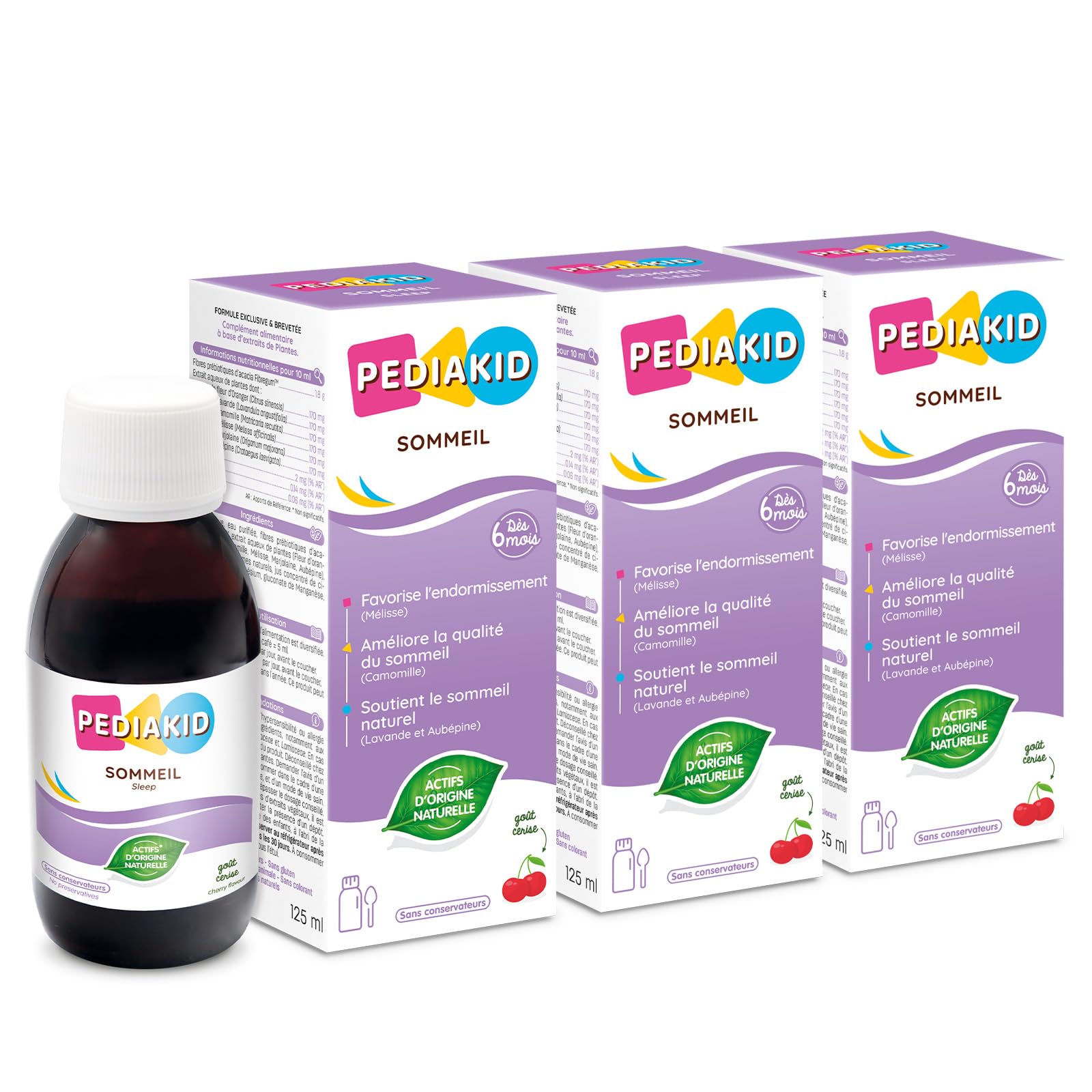 PEDIAKID - Sirop Sommeil - Complément alimentaire favorisant l'endormissement - Réduit les réveils nocturnes - Formule exclusive au Sirop d'Agave Lavande & Marjolaine- Goût Cerise - Lot de 3