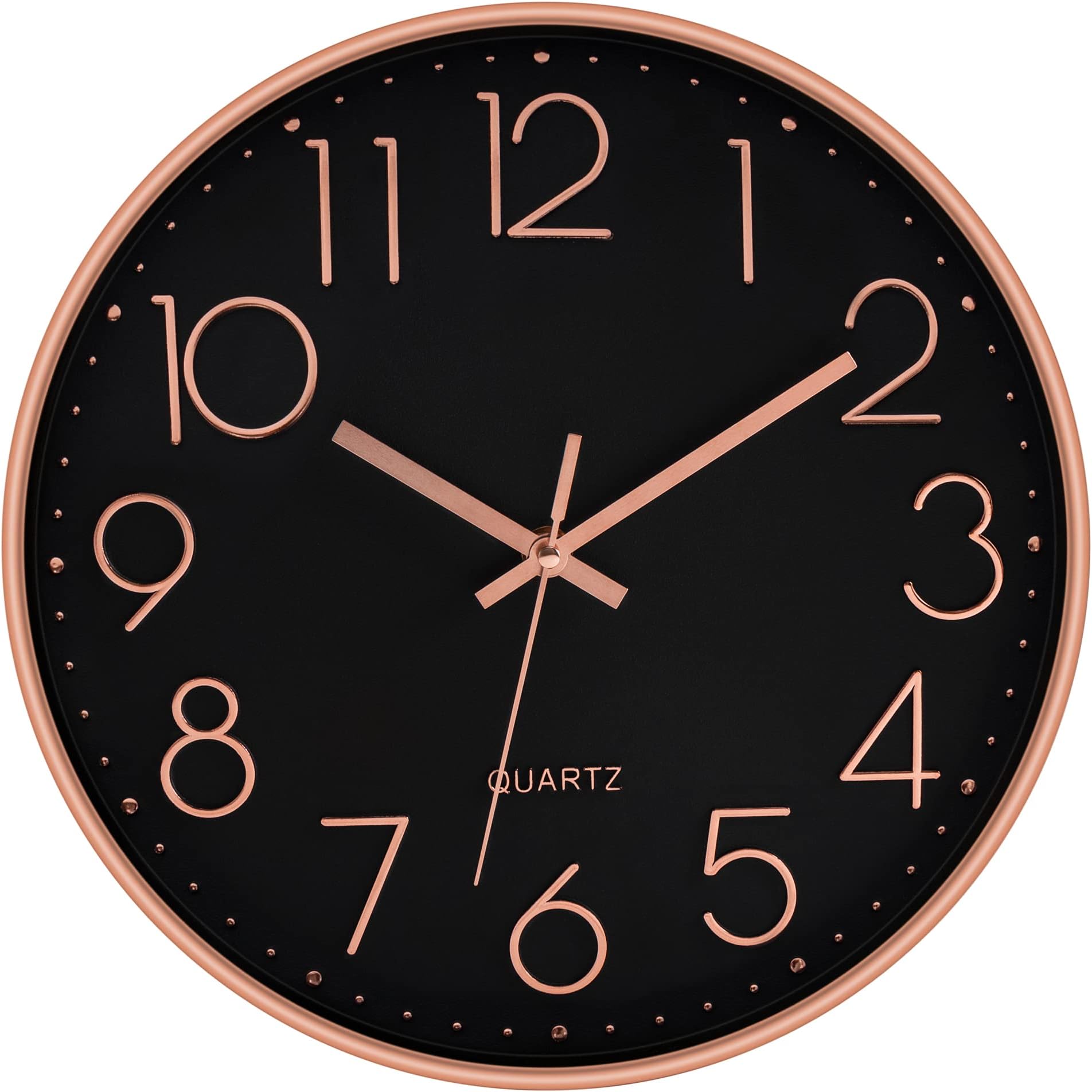 Modern Wall Clock 12 Inch Non-Ticking Silent Battery Operated Round Quartz Rose Gold Wall Clock for Office Bedroom Living Room Kitchen Home School Decor (Black Dial)