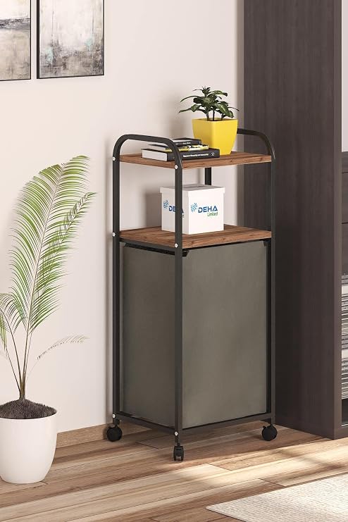 2 RAFLI FRENLİ TEKERLEKLİ ÇAMAŞIR SEPETİ BANYO DOLABI KİRLİ SEPETLİ BANYO DÜZENLEYİCİ ÇAMAŞIRLIK Kahnanerengi, Dehalimited