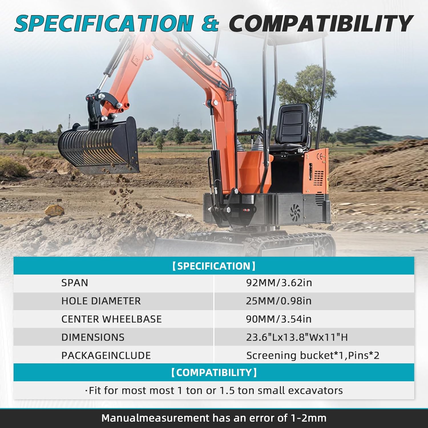 24 inch Screening Bucket Attachment, 600mm Screening Skeleton Bucket, Soil Sieving Bucket, Compatible Mini Excavators Digger, Compatible with Mini Excavator Filtering and Sorting Materials