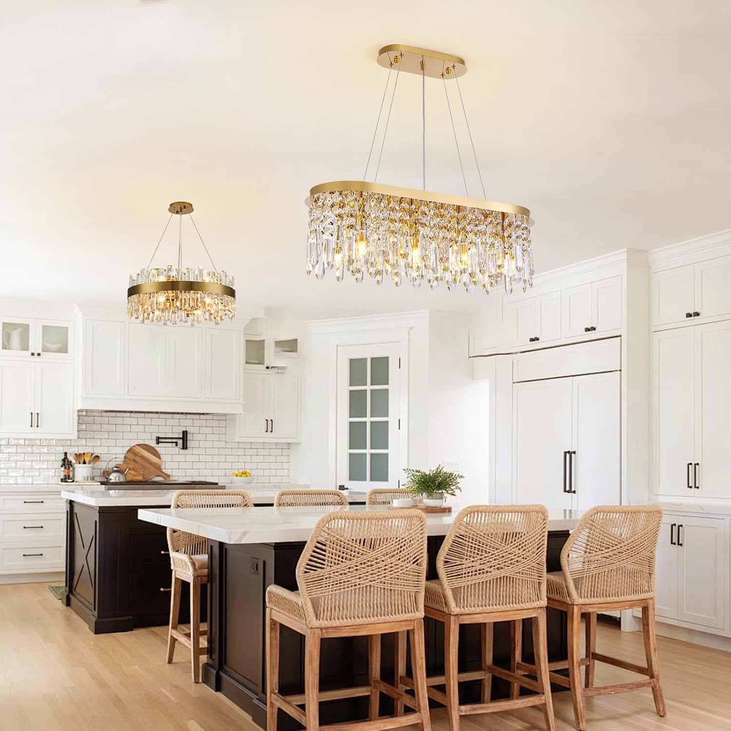 Siljoy Modern Crystal Chandelier for Dining Room, 8-Light Rectangular Gold K9 Crystal Raindrop Pendant Ceiling Light Fixture for Living Room Kitchen Island Bar L31.5'' x W11'' x H11''