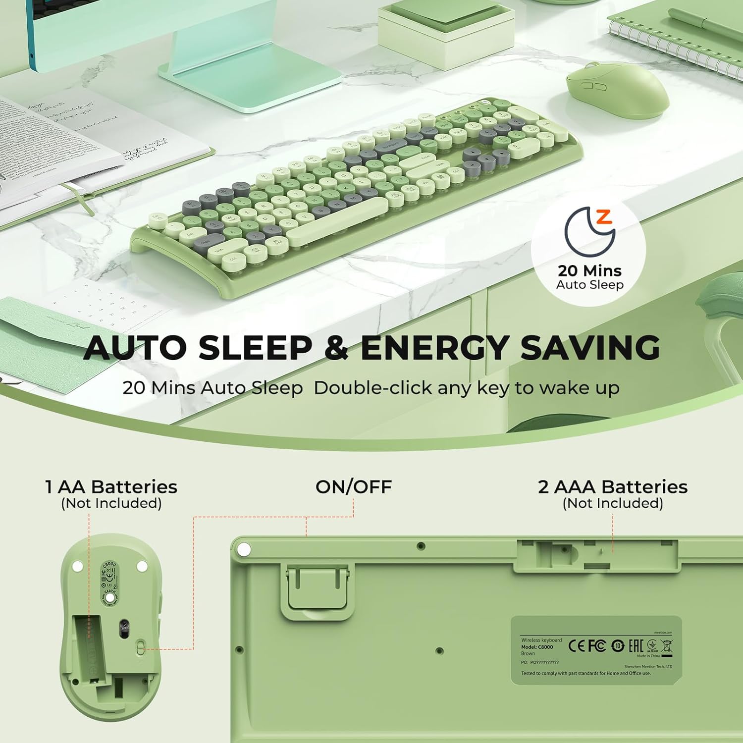 Colorful Wireless Computer Keyboards Mouse Combos,Full-Size Retro Typewiter Keyboard, 4 Level DPI Adjustable Wireless Mouse, 2.4GHz Connection with Optical Mouse, Green