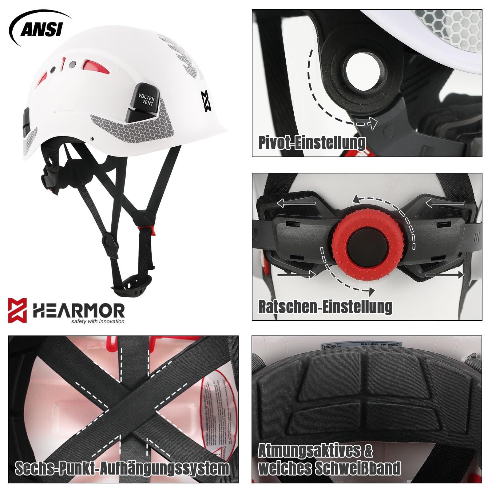 HEARMOR Baustellenschutzhelm, EN397-zertifizierter, Verstellbarer ABS-Schutzhelm mit 6-Punkt-Ratschensystem, inkl. Kühlungsfutter und Tragetasche - für alle Arbeitsplätze geeignet