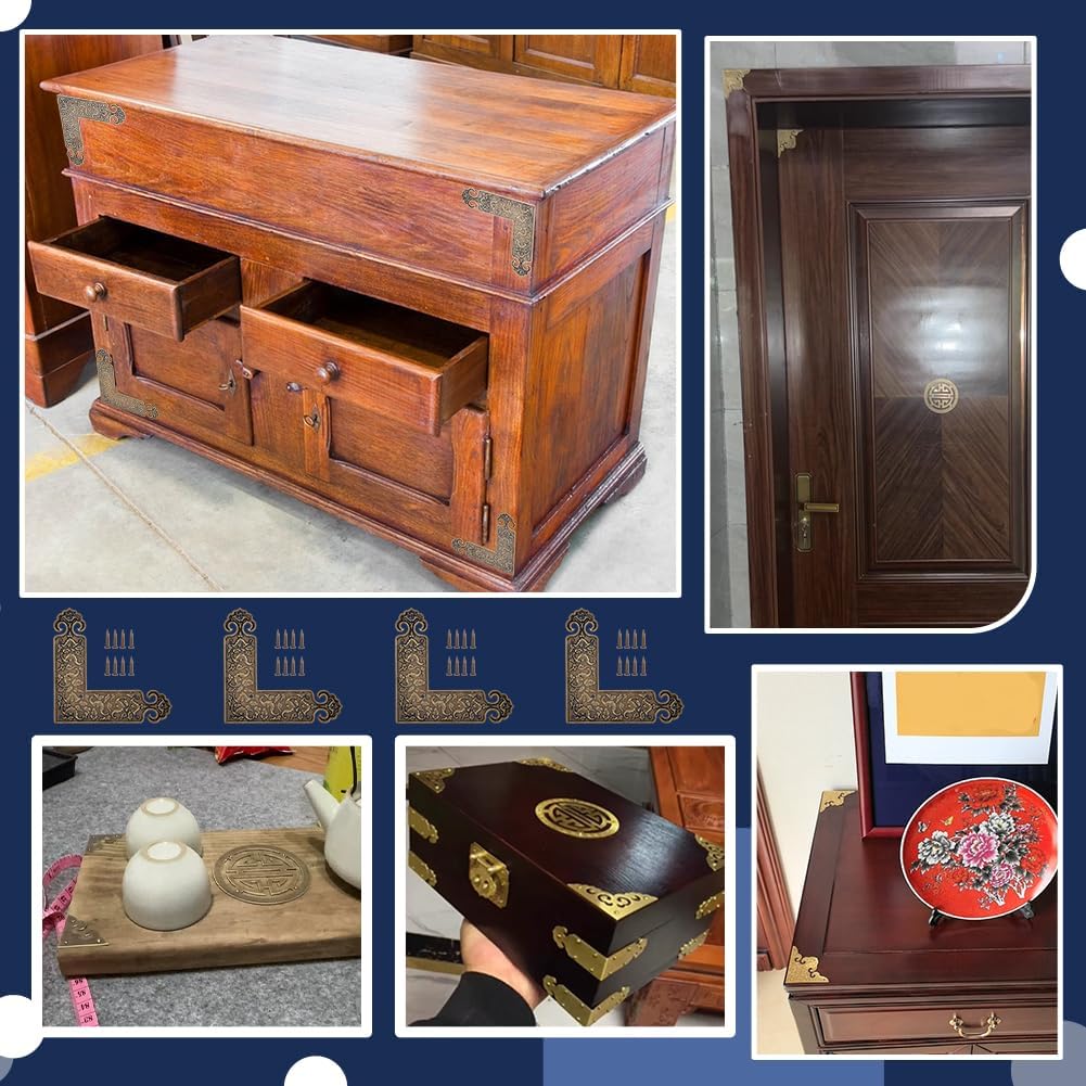PH PandaHall 4PCS Embossing Decorative Corner Protectors L-Shape Guard Edge Cover Antique Bronze Flat Trim with 32PCS Screw for Furniture Tables Box Cabinet Chairs Cabinet Jewellery Boxes Cases