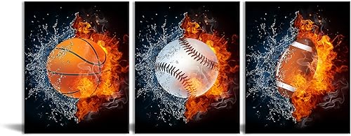 Miniatura 1 de Póster de 3 paneles con diseño de pelota deportiva de llamas, pintura en lienzo para decoración de pared de habitación de bebé, decoración de pared