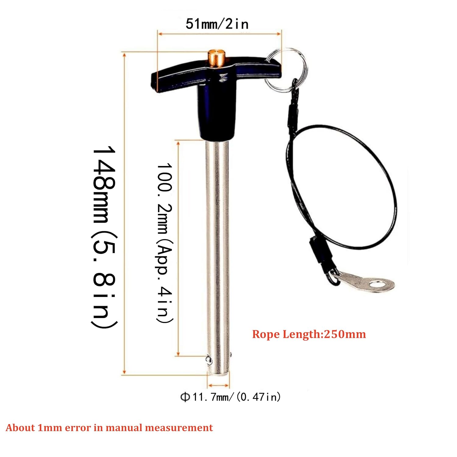 Push-Button Quick Release Pin Stainless Steel 304 T Handle Lock Pins, Pin Dia 11.7mm(0.47in),Usage Length 100MM(4in),Over Size 148mm Long with Lanyard Cable