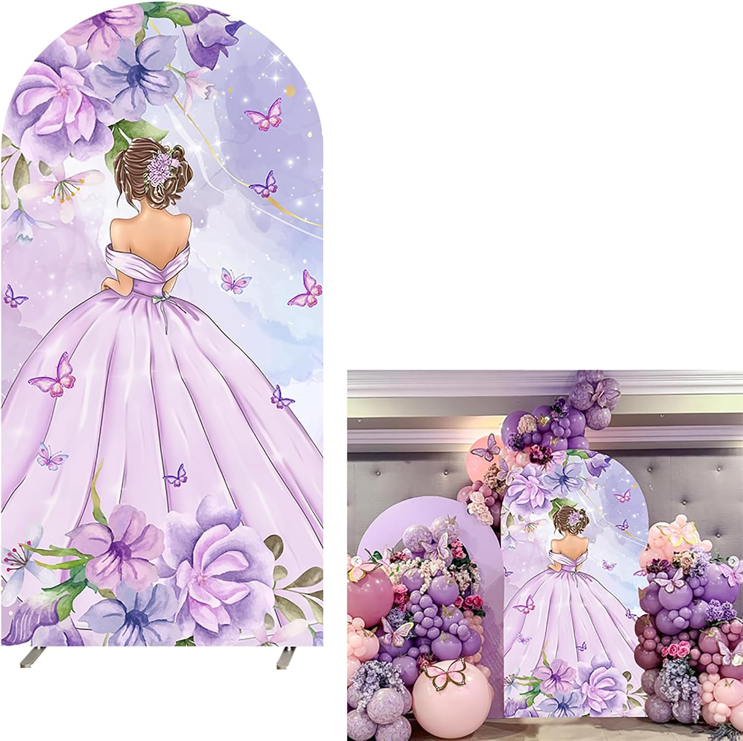 Quinceañera 15th Birthday Decorations Party for Girls Arch Backdrop Cover Mis Quince Anos Cake Table Banner Purple Floral Butterfly Wedding Party Arched Wall Background 2.6x6ft
