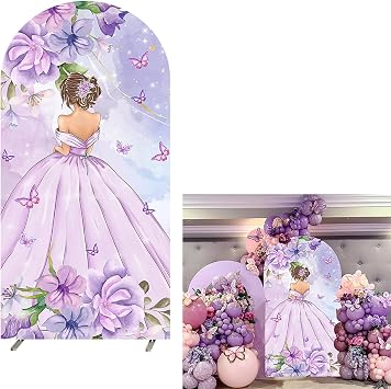 Quinceanera 15th Birthday Decorations Party for Girls Arch Backdrop Cover Mis Quince Anos Cake Table Banner Purple Floral Butterfly Wedding Party Arched Wall Background 2.6x6ft