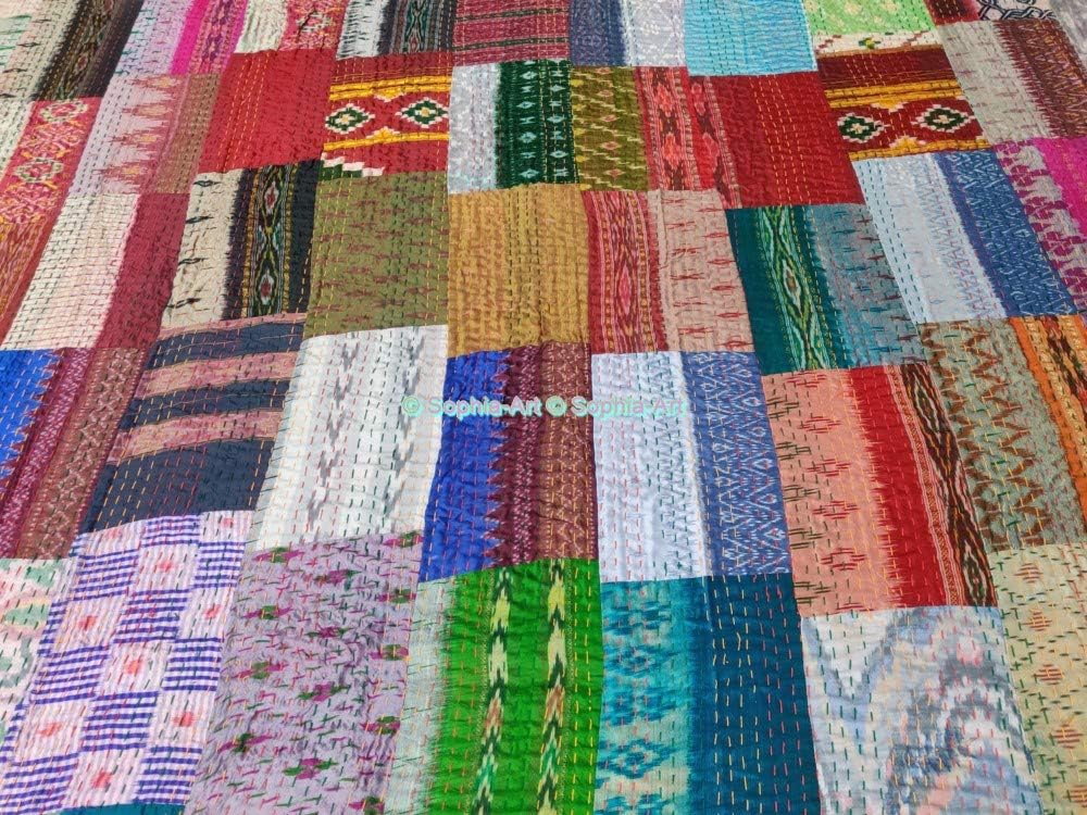 Blanket Bedding Bedspread Bed Kantha Vintage Handmade Silk Patchwork Indian Art Cover India Sari Bohemian Spreads Washed Patola Spread Quilt
