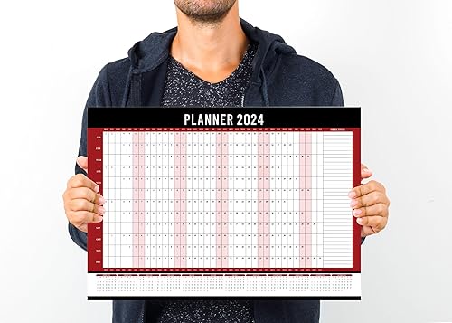 A3 Wall Planner 2024 Full Year Planner January To December Wall Calendar Annual Poster Chart Home School Workshop Office Project Yearly Planning Organiser 29.7x42Cm Red &amp; Black [1Pc](Folded)
